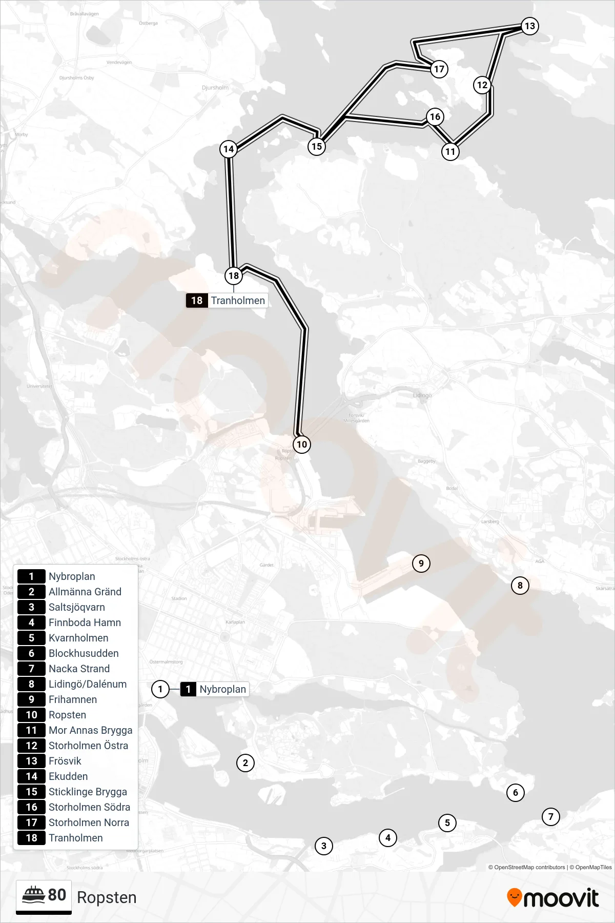 Rutt och hållplatser på karta för linje 80 färja, (Ropsten)