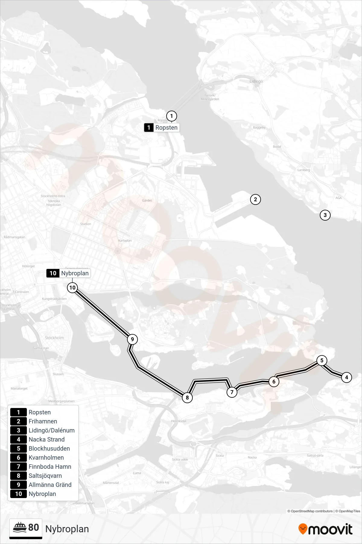 Rutt och hållplatser på karta för linje 80 färja, (Nybroplan)