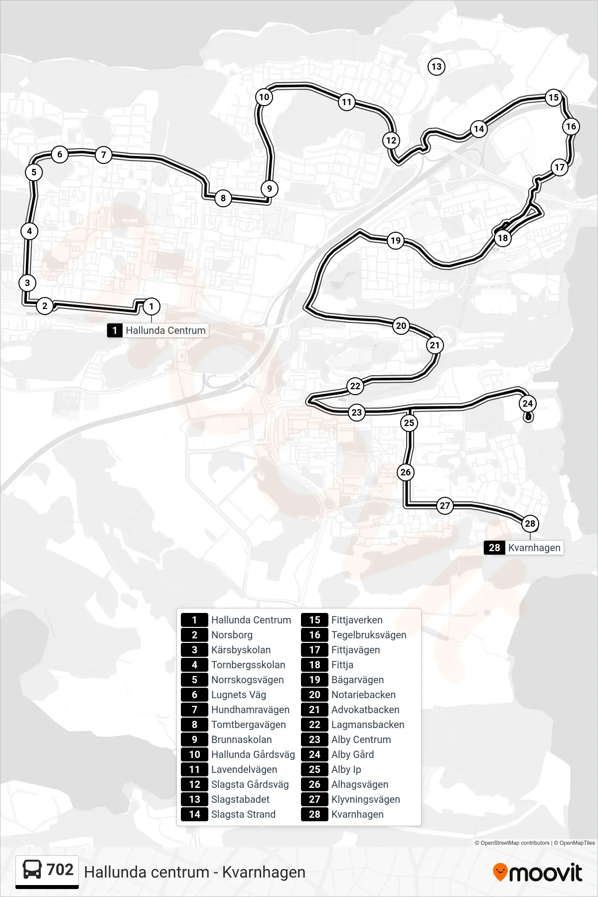 Rutt och hållplatser på karta för linje 702 buss, (Kvarnhagen)