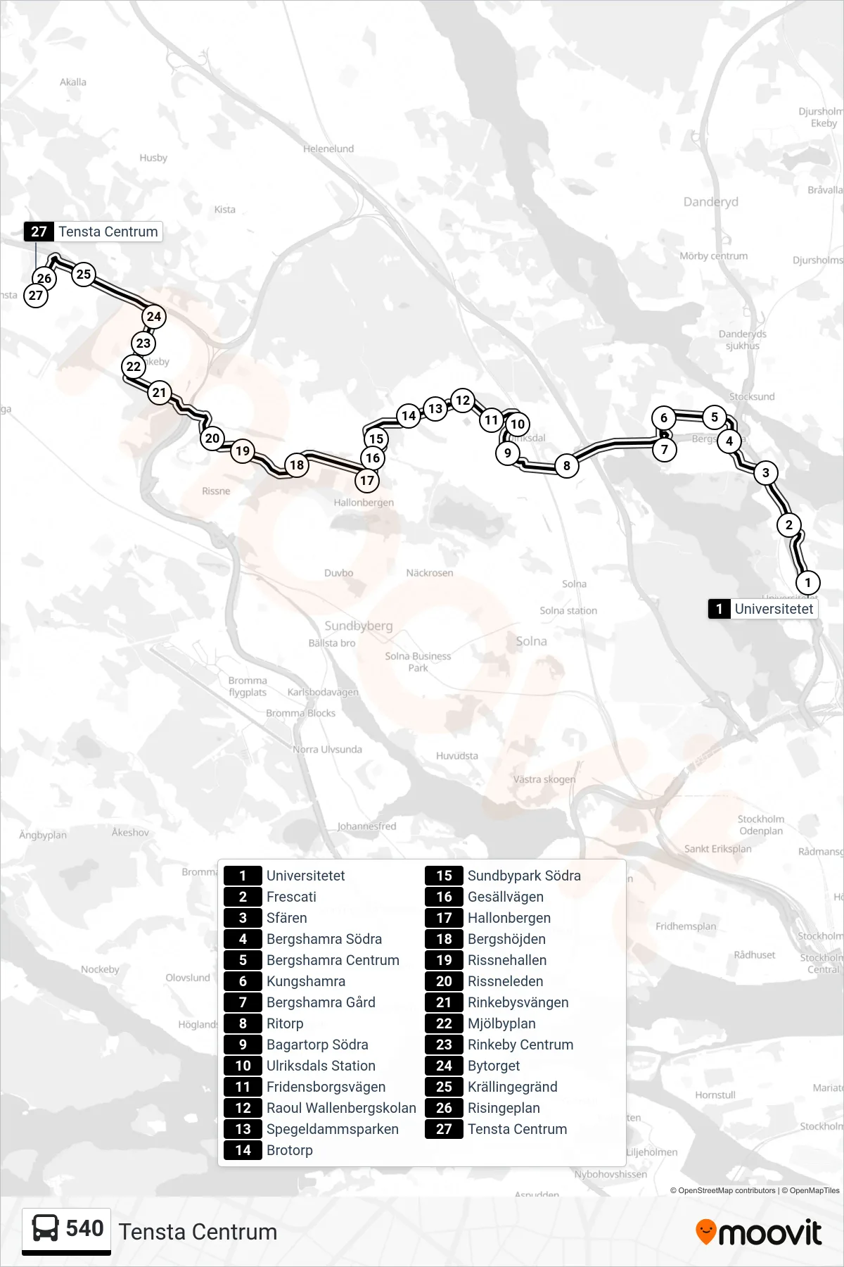 Rutt och hållplatser på karta för linje 540 buss, (Tensta Centrum)