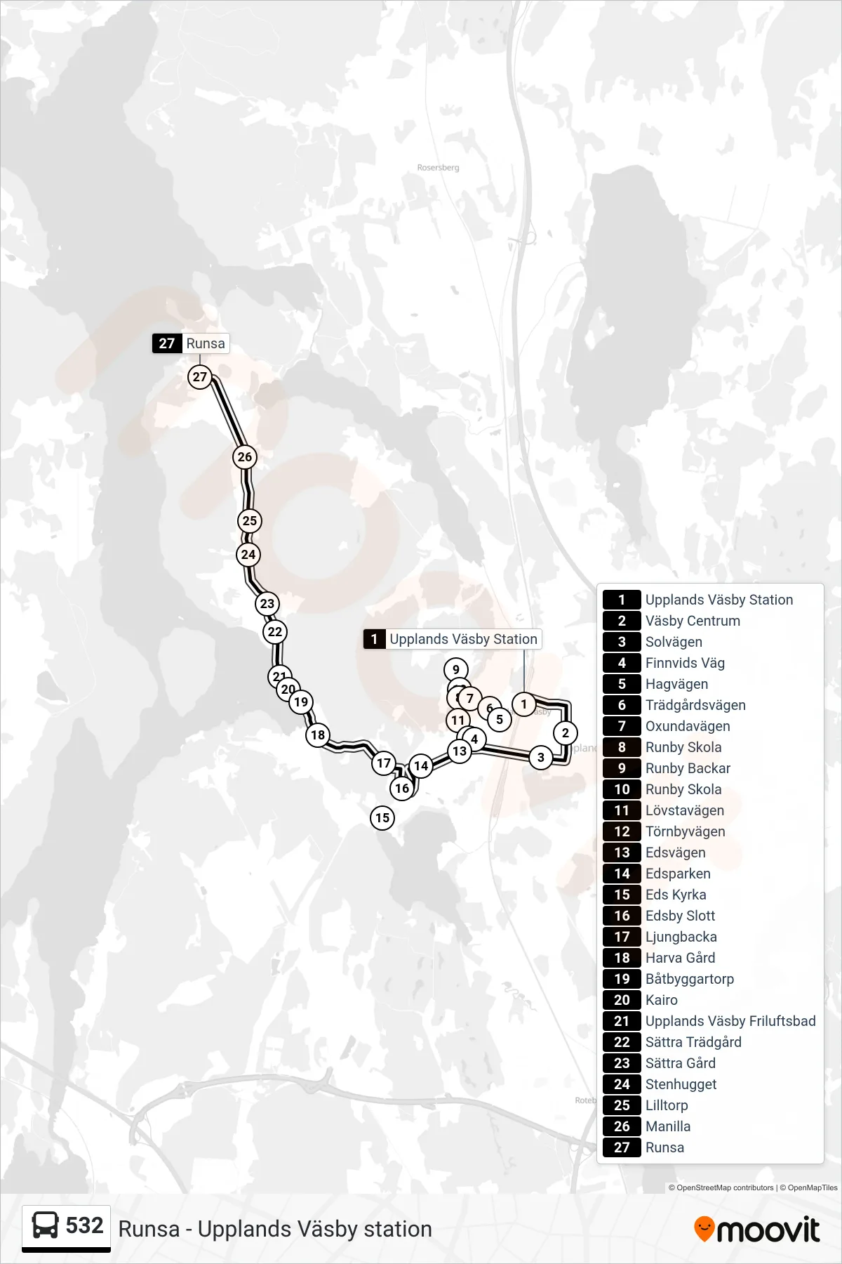Rutt och hållplatser på karta för linje 532 buss, (Runsa)