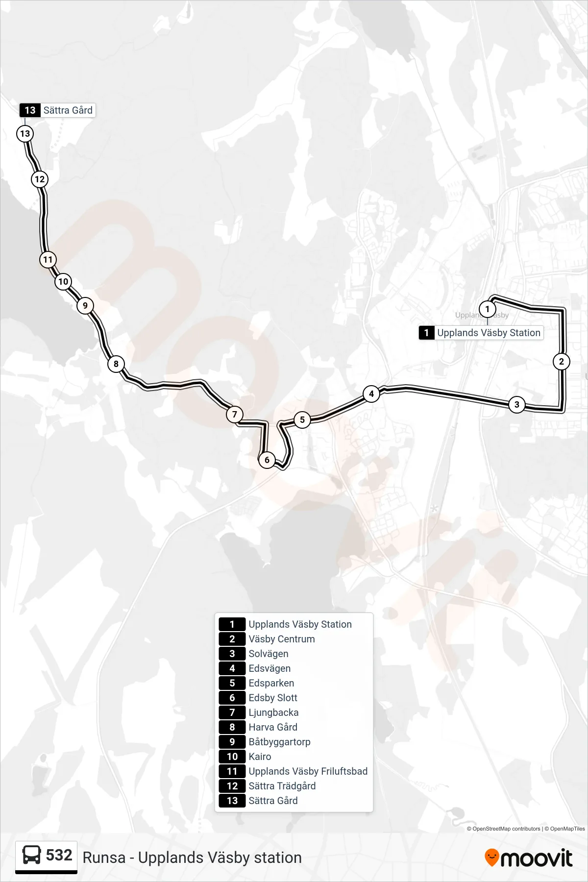 Rutt och hållplatser på karta för linje 532 buss, (Sättra Gård)