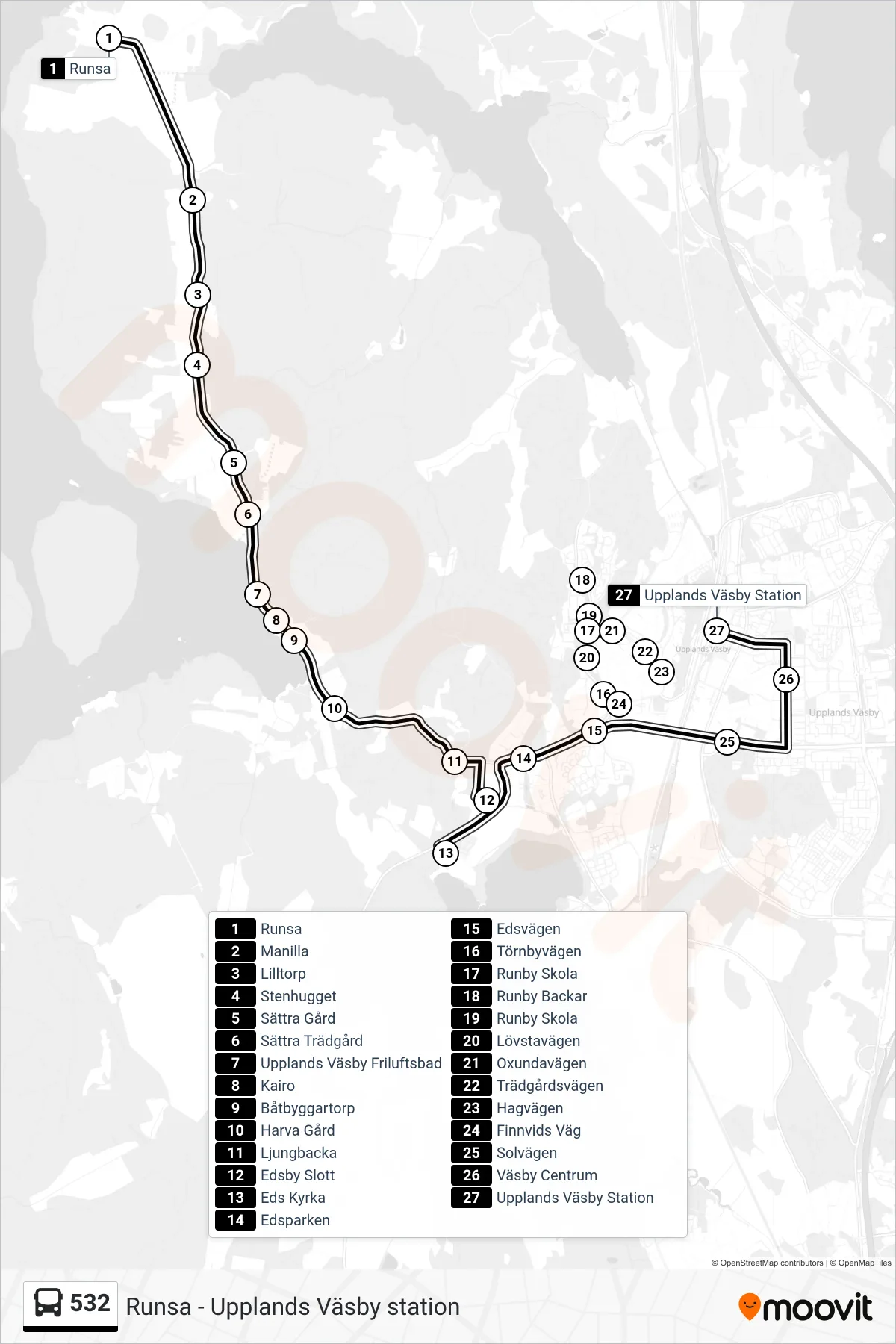 Rutt och hållplatser på karta för linje 532  buss, (Upplands Väsby Station)
