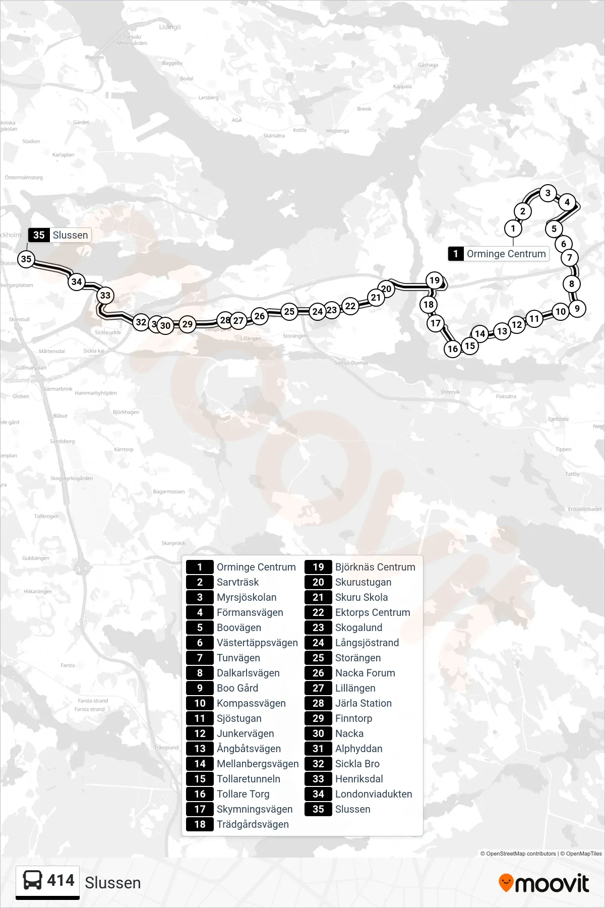 Rutt och hållplatser på karta för linje 414 buss, (Slussen)