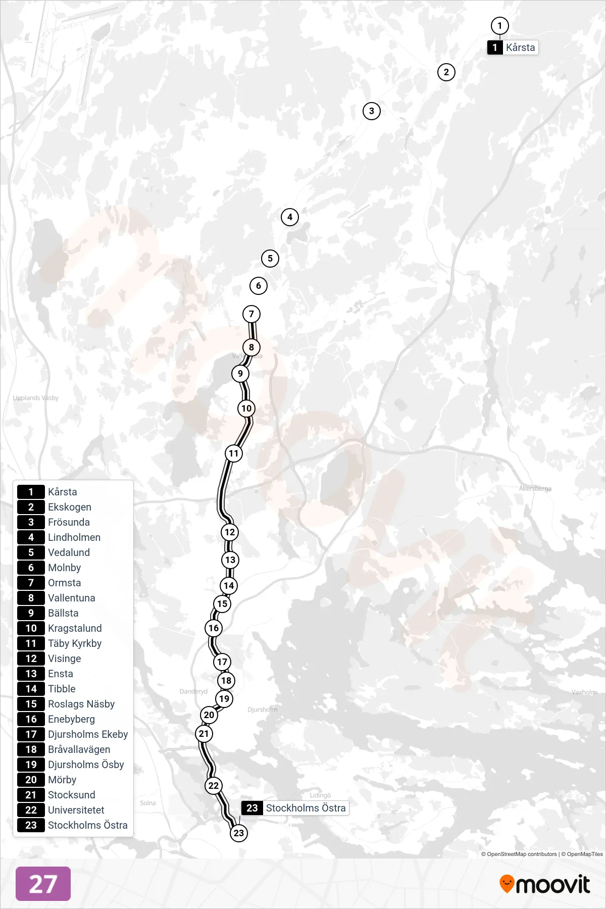 Rutt och hållplatser på karta för linje 27  spårväg, (Norrgående)