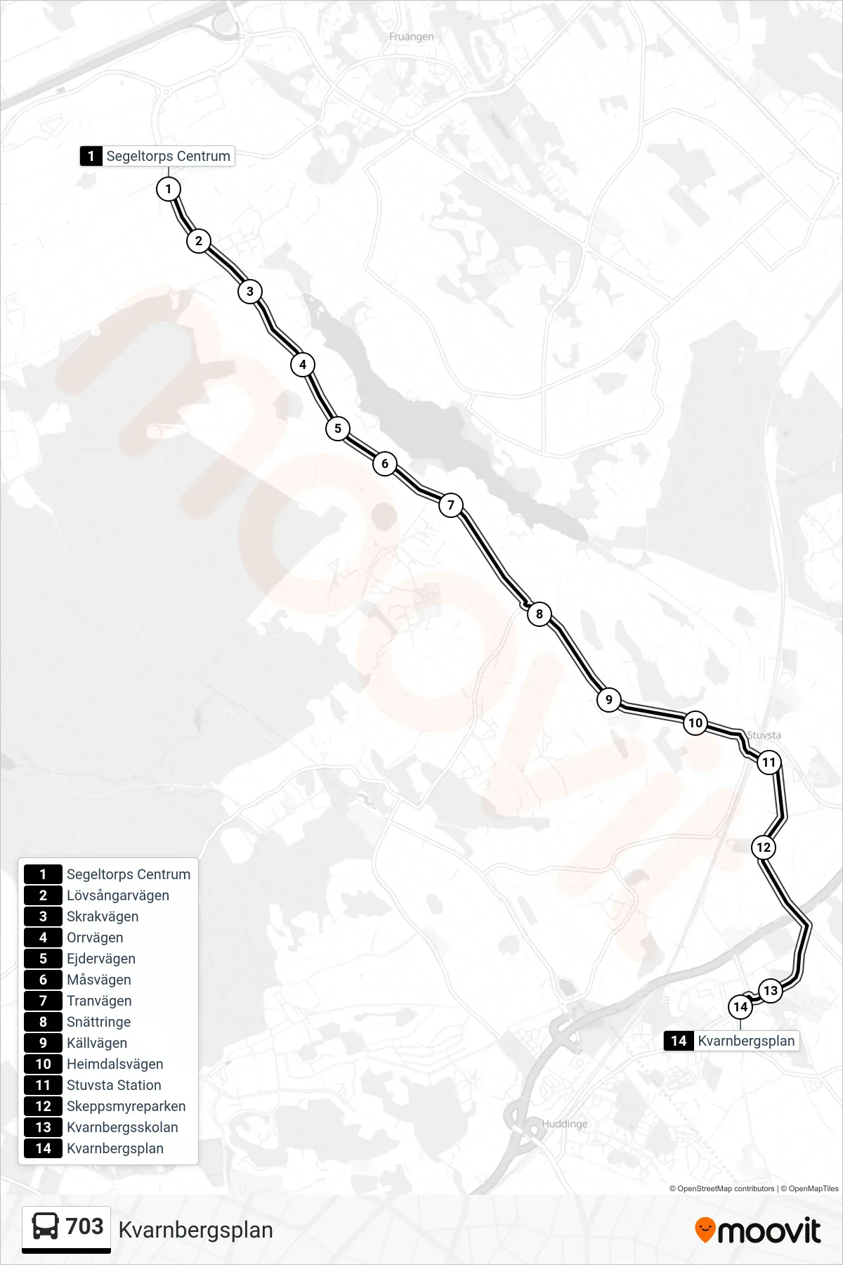 Rutt och hållplatser på karta för linje 703  buss, (Kvarnbergsplan)
