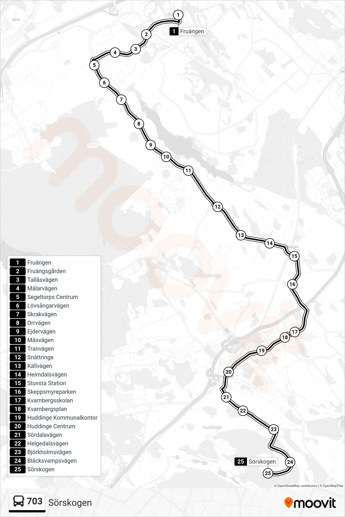 Rutt och hållplatser på karta för linje 703  buss, (Sörskogen)