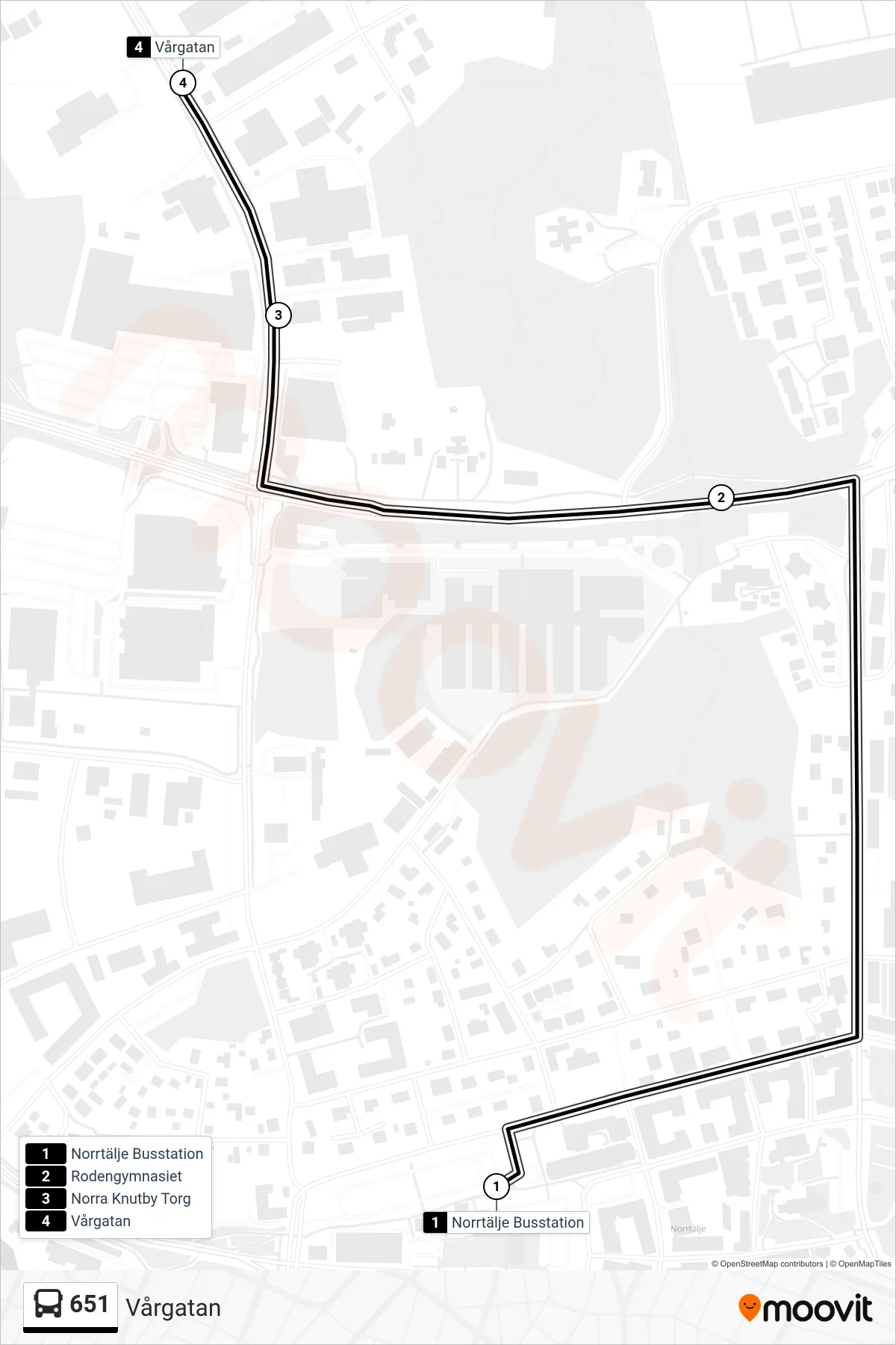 Rutt och hållplatser på karta för linje 651  buss, (Vårgatan)