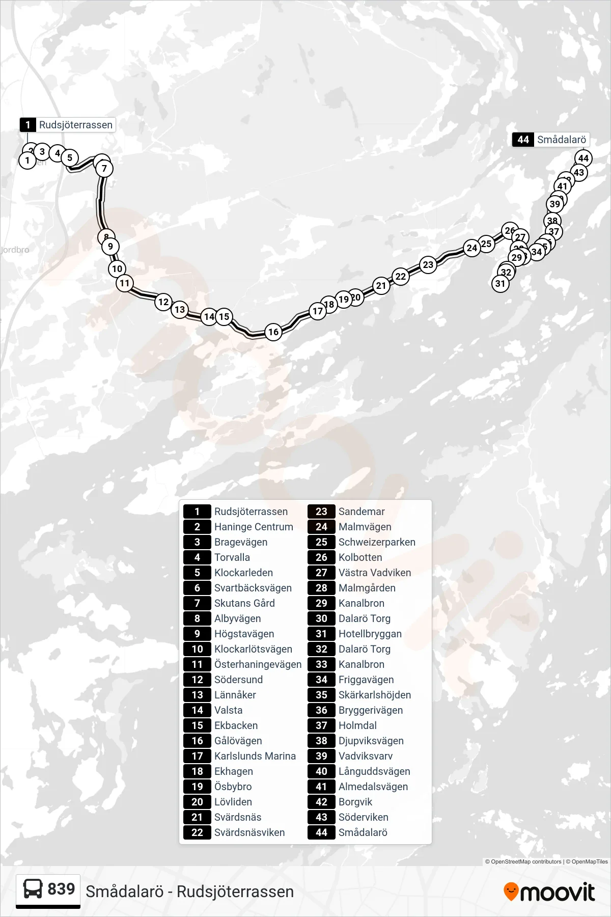 Rutt och hållplatser på karta för linje 839 buss, (Smådalarö)