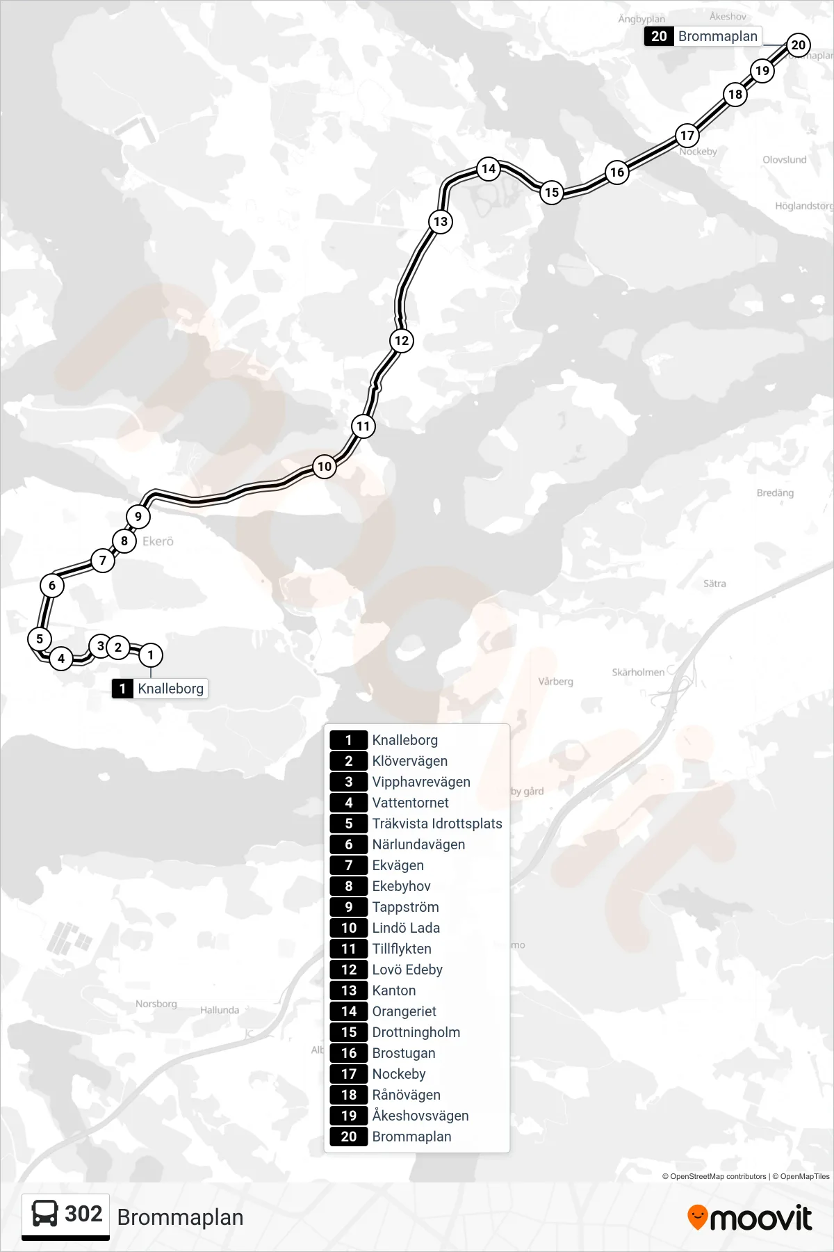 Rutt och hållplatser på karta för linje 302 buss, (Brommaplan)