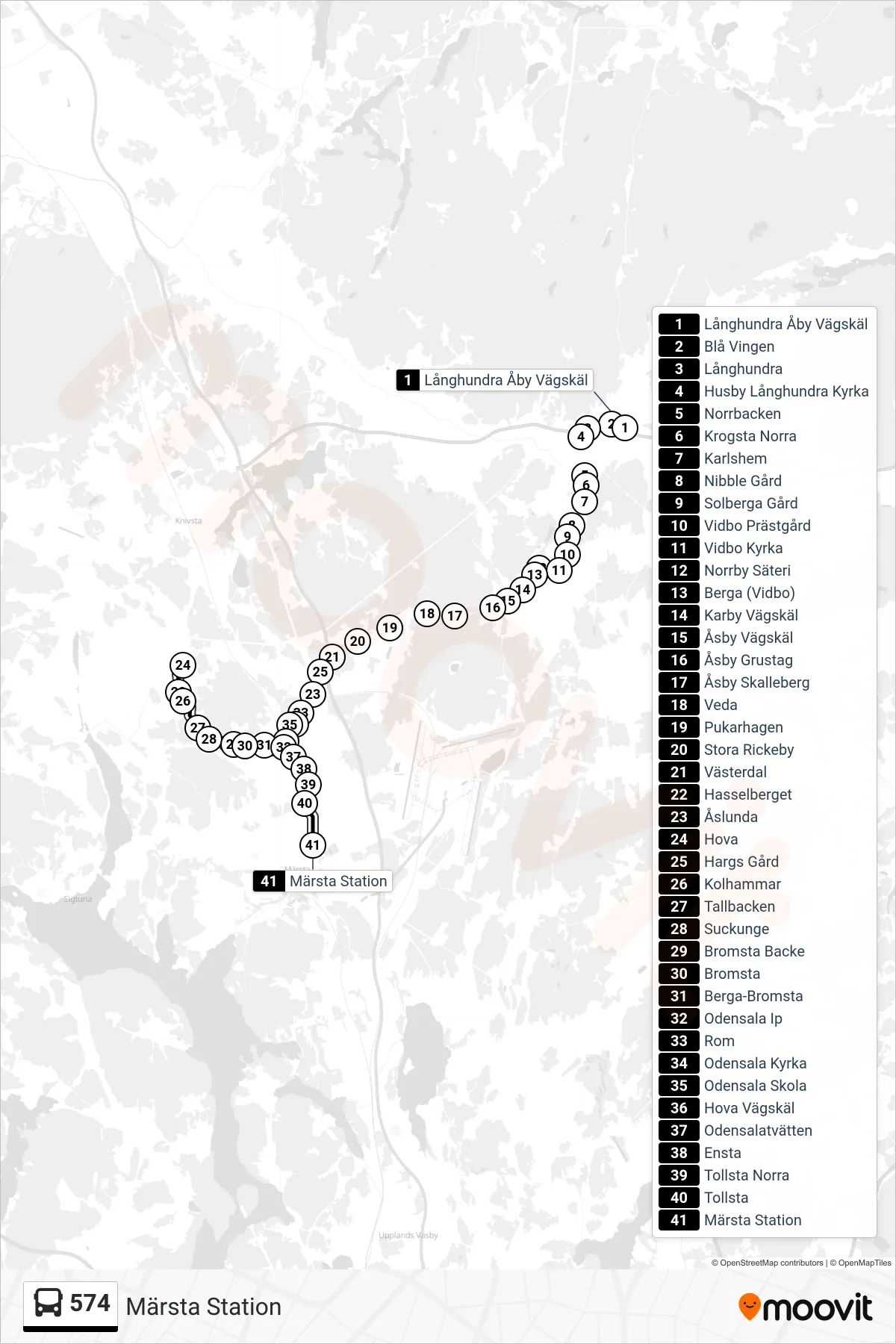 Rutt och hållplatser på karta för linje 574 buss, (Märsta Station)