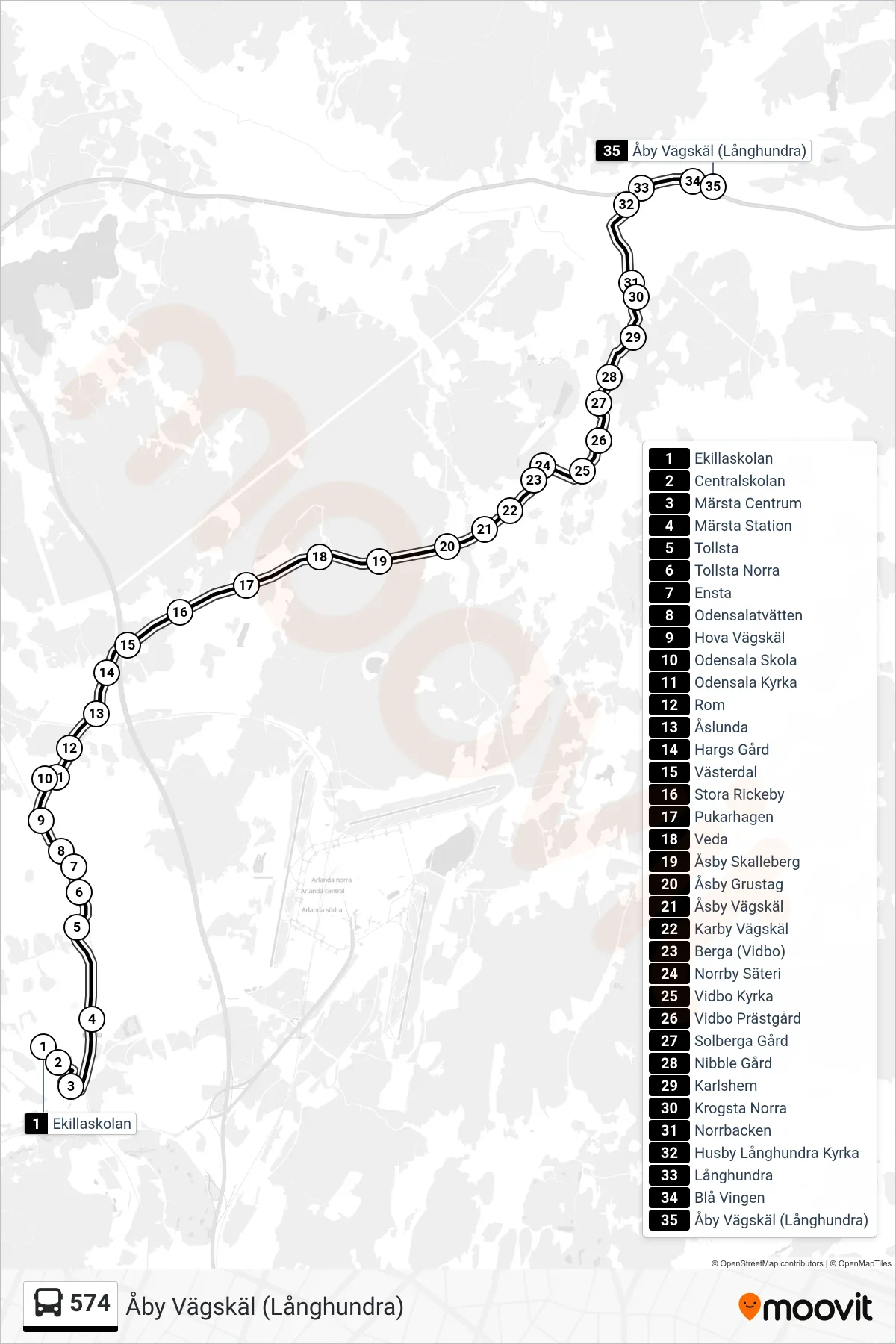 Rutt och hållplatser på karta för linje 574 buss, (Åby Vägskäl (Långhundra))