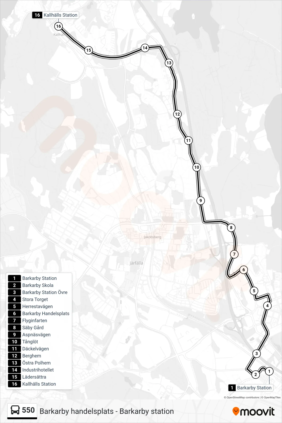 Rutt och hållplatser på karta för linje 550 buss, (Kallhälls Station)