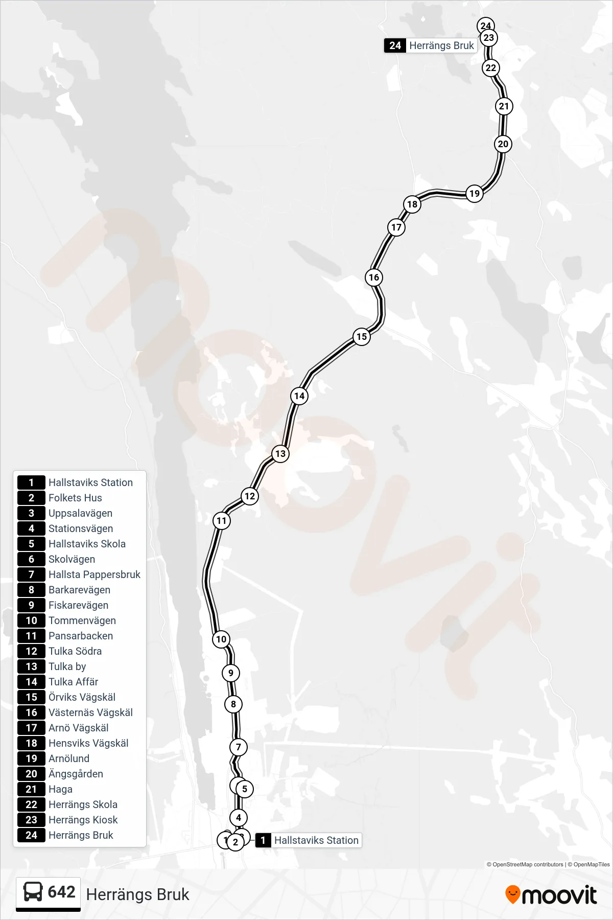 Rutt och hållplatser på karta för linje 642  buss, (Herrängs Bruk)