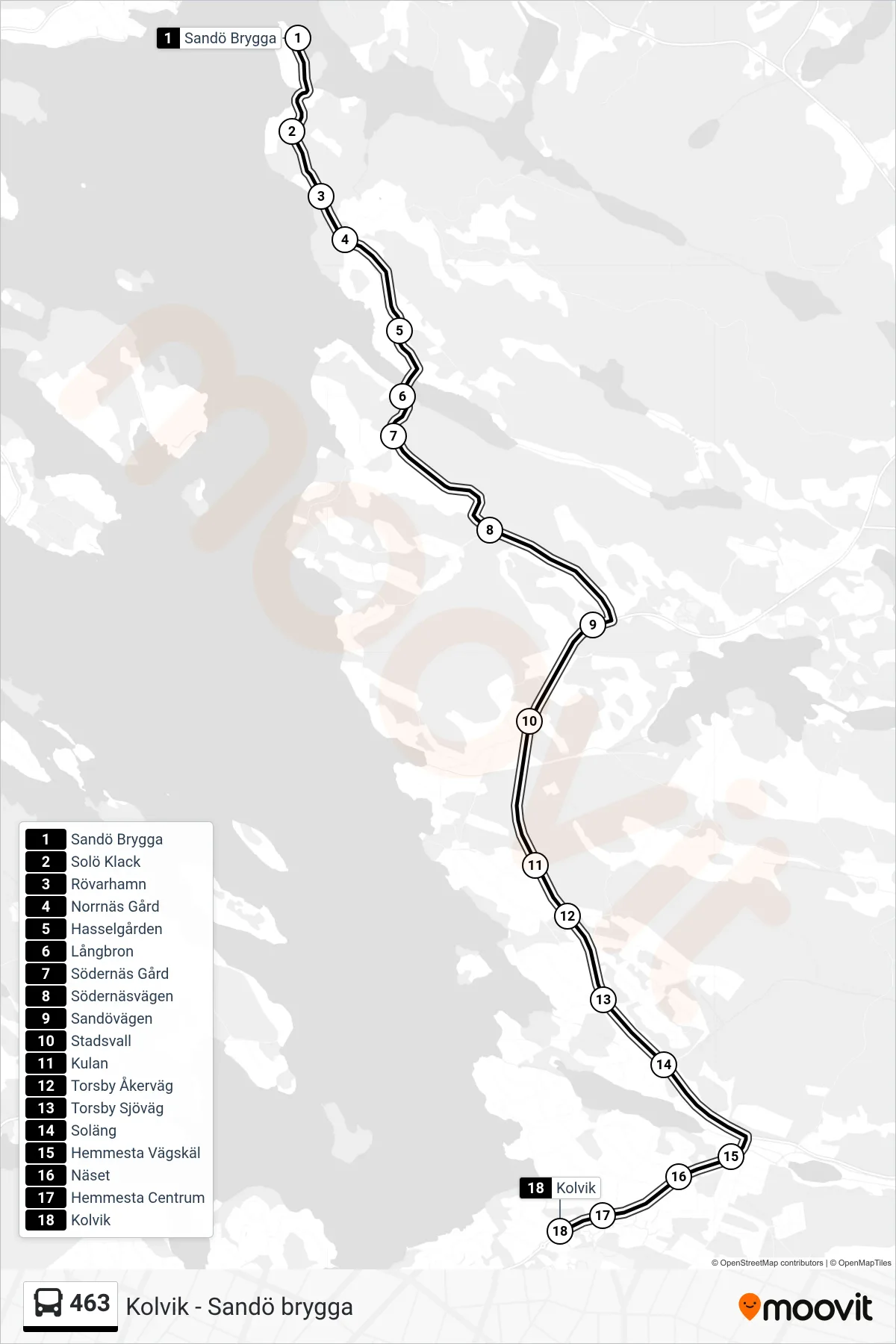 Rutt och hållplatser på karta för linje 463  buss, (Kolvik)