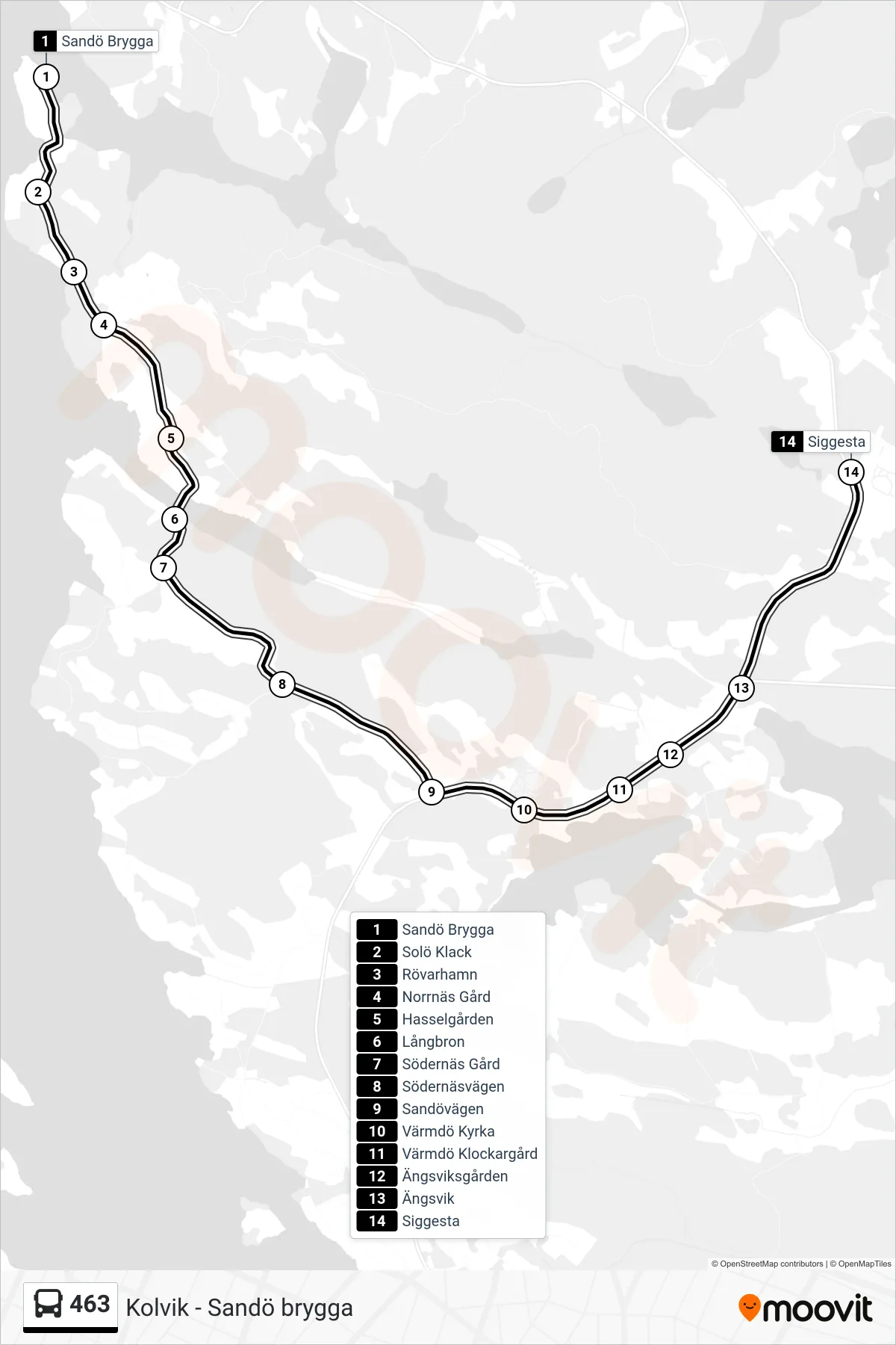 Rutt och hållplatser på karta för linje 463 buss, (Siggesta)