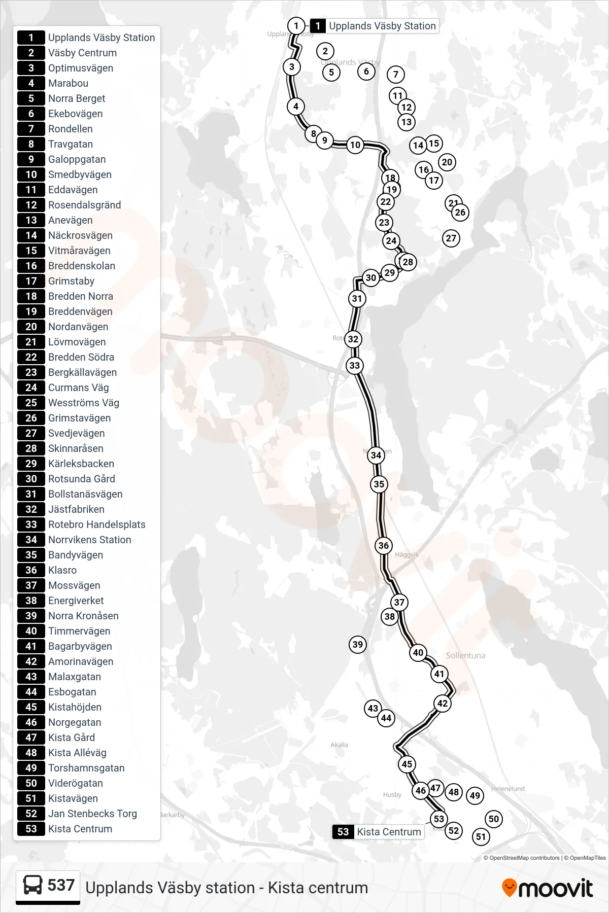 Rutt och hållplatser på karta för linje 537  buss, (Kista Centrum)