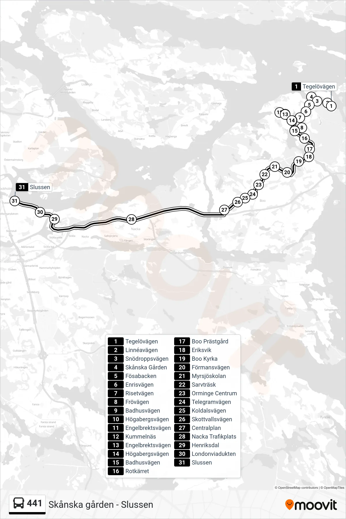 Rutt och hållplatser på karta för linje 441 buss, (Slussen)
