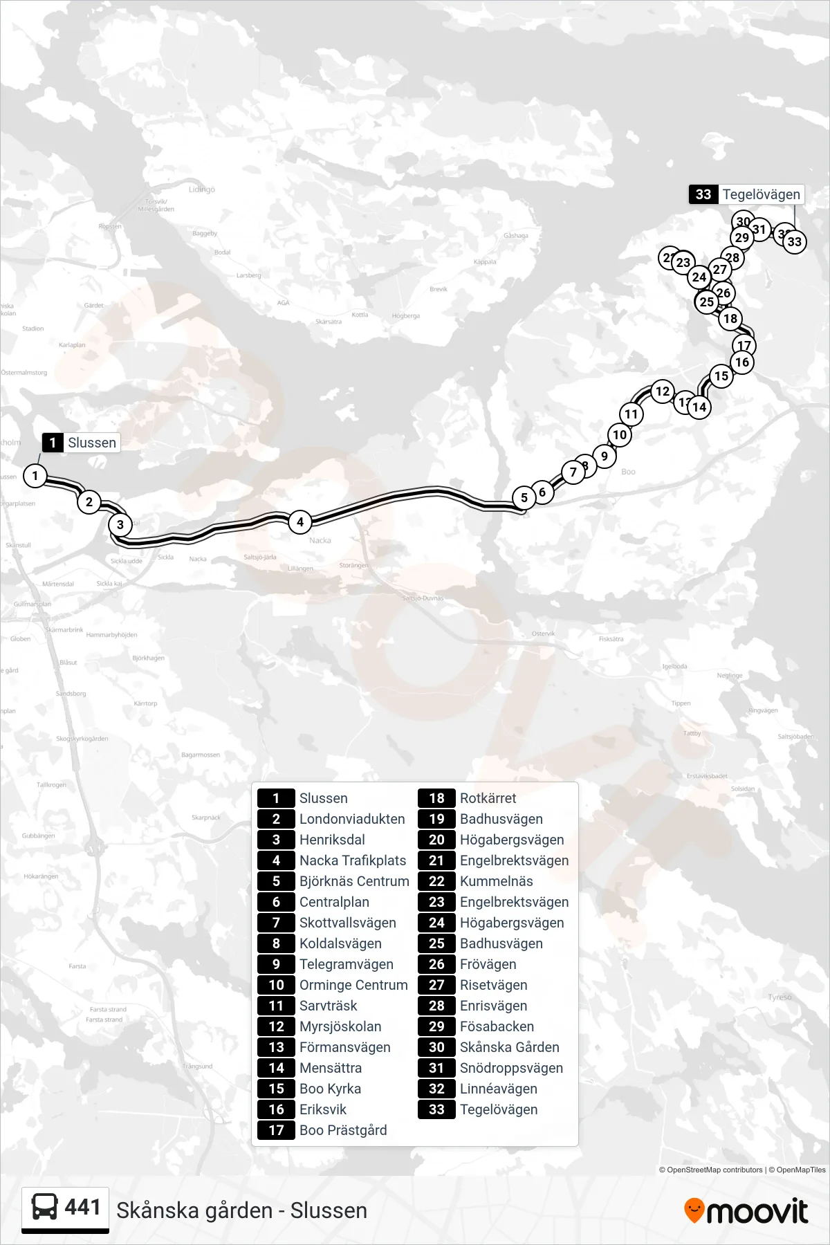 Rutt och hållplatser på karta för linje 441  buss, (Tegelövägen)