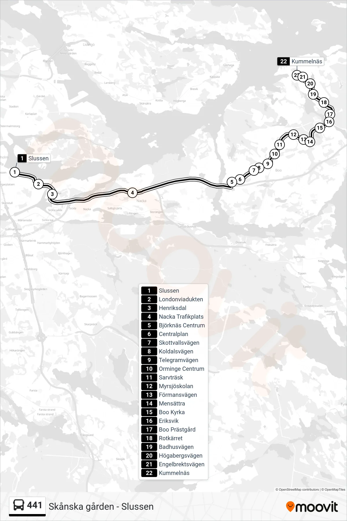 Rutt och hållplatser på karta för linje 441  buss, (Kummelnäs)
