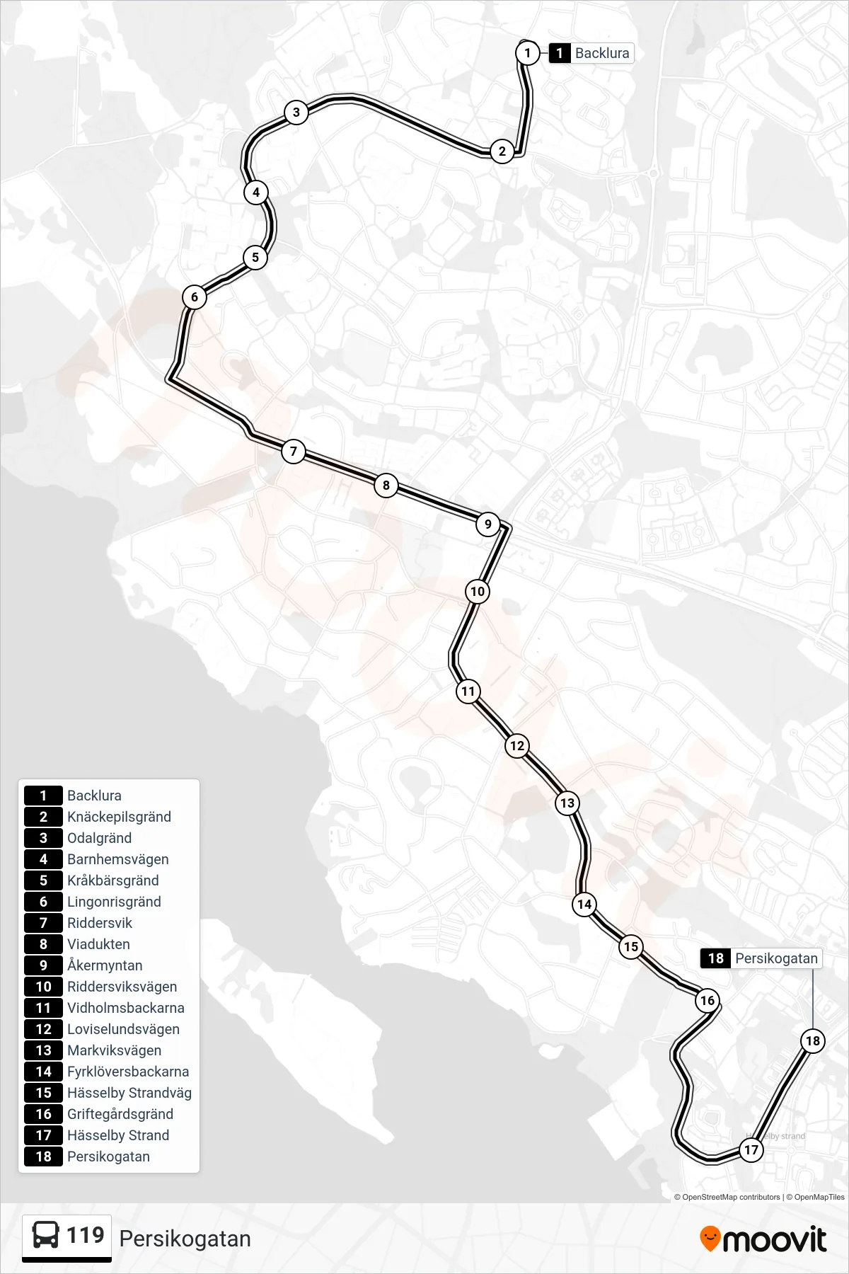 Rutt och hållplatser på karta för linje 119  buss, (Persikogatan)