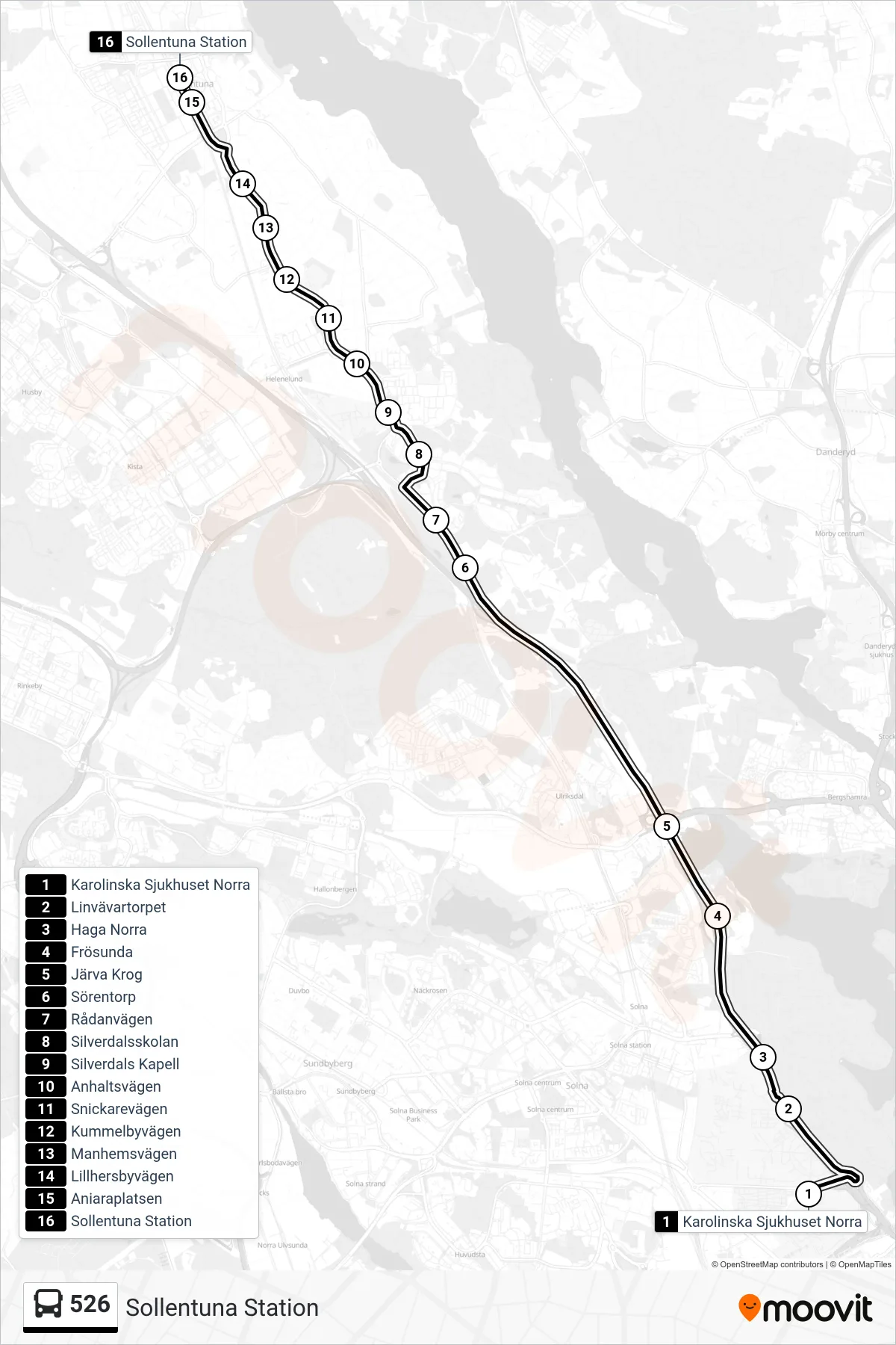 Rutt och hållplatser på karta för linje 526 buss, (Sollentuna Station)
