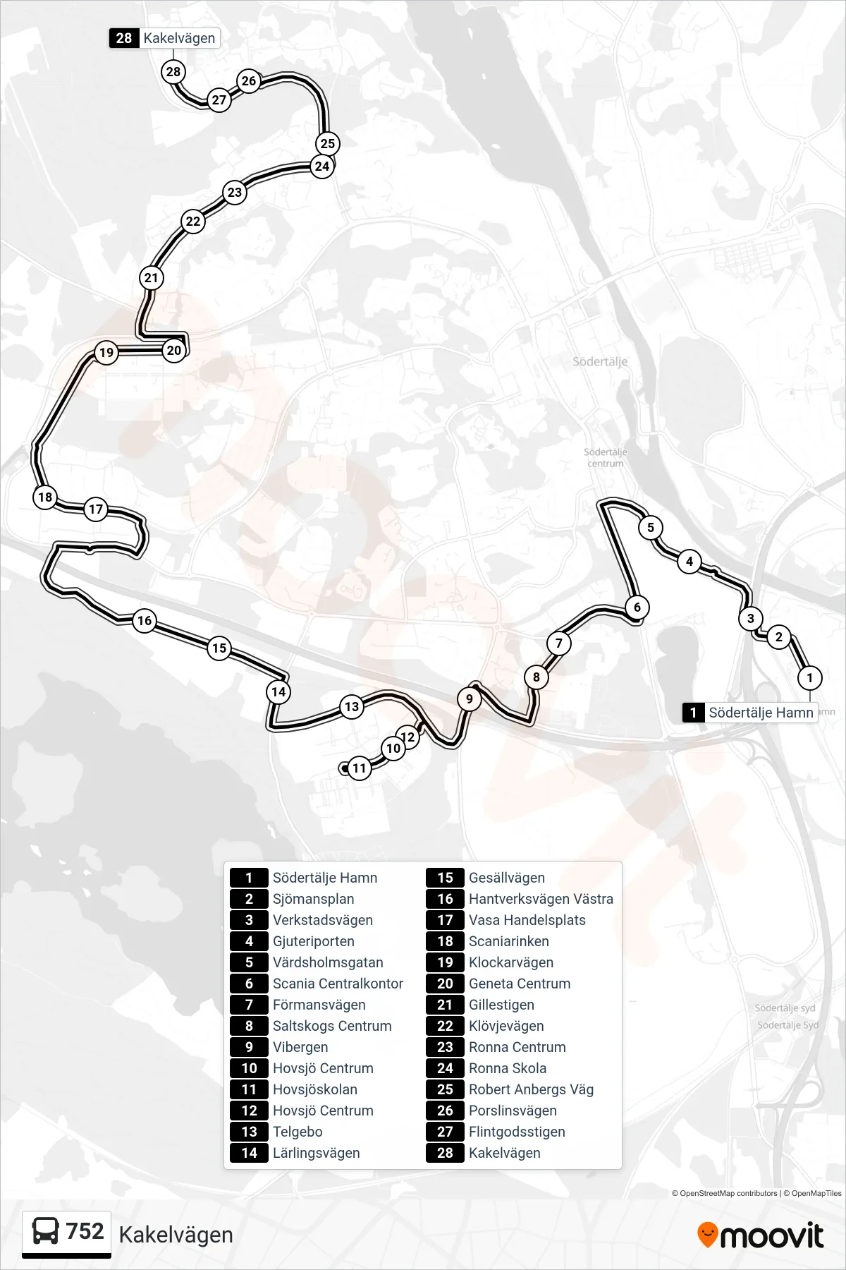 Rutt och hållplatser på karta för linje 752  buss, (Kakelvägen)