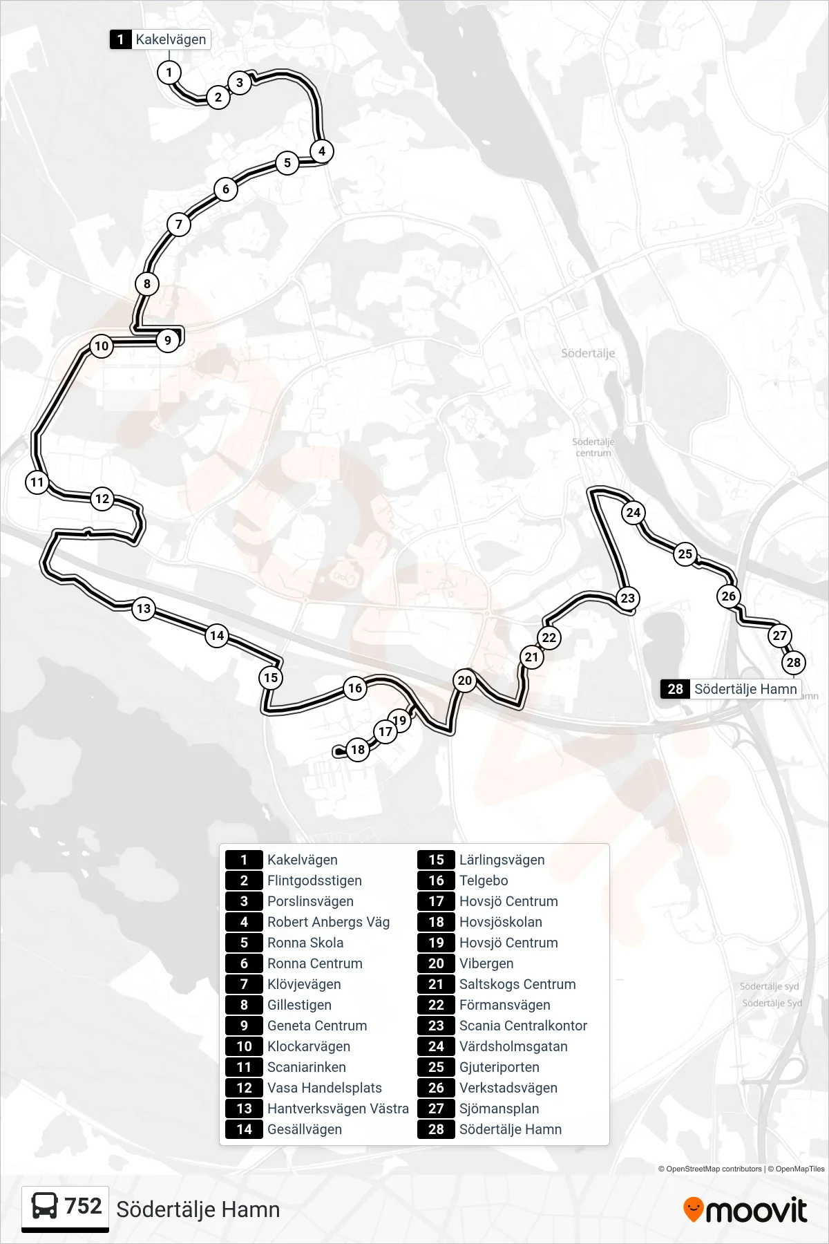 Rutt och hållplatser på karta för linje 752 buss, (Södertälje Hamn)