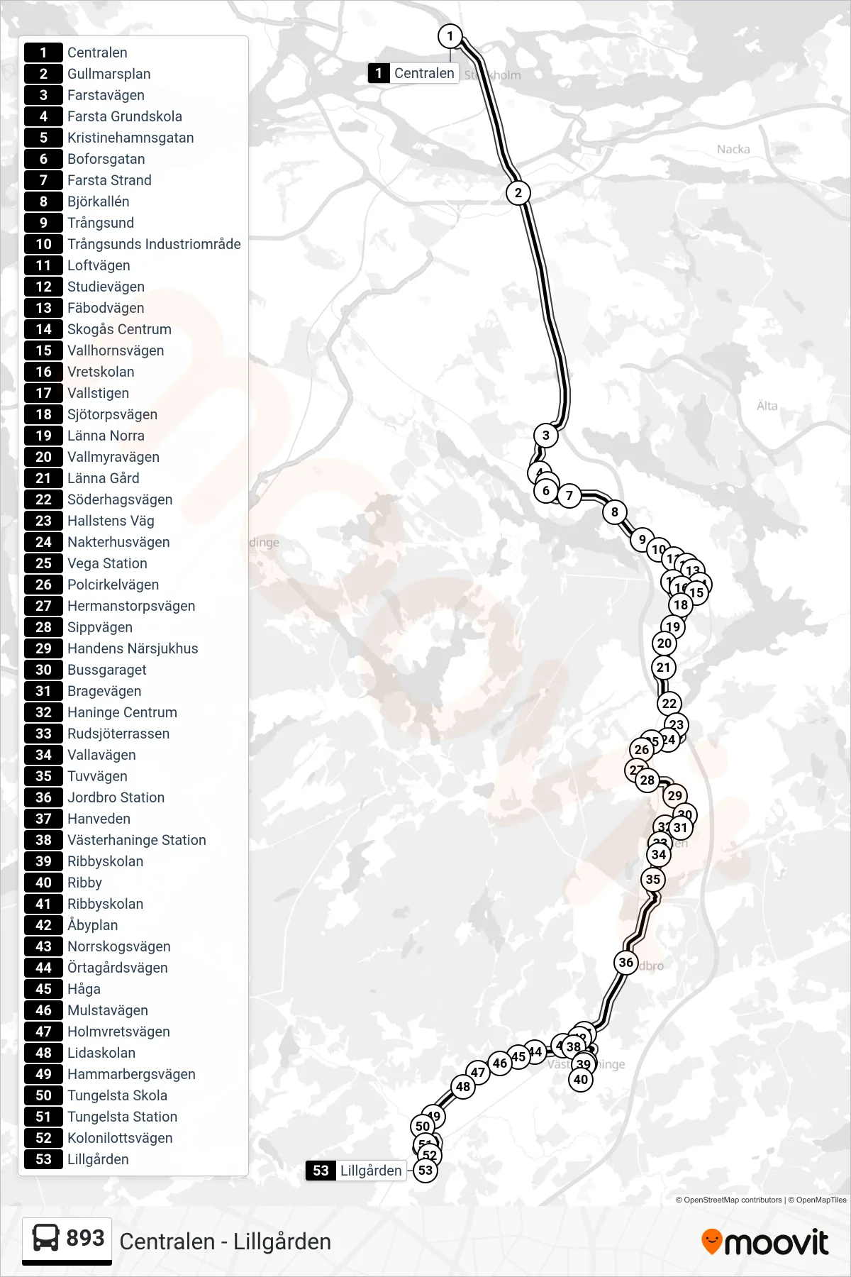 Rutt och hållplatser på karta för linje 893  buss, (Lillgården)