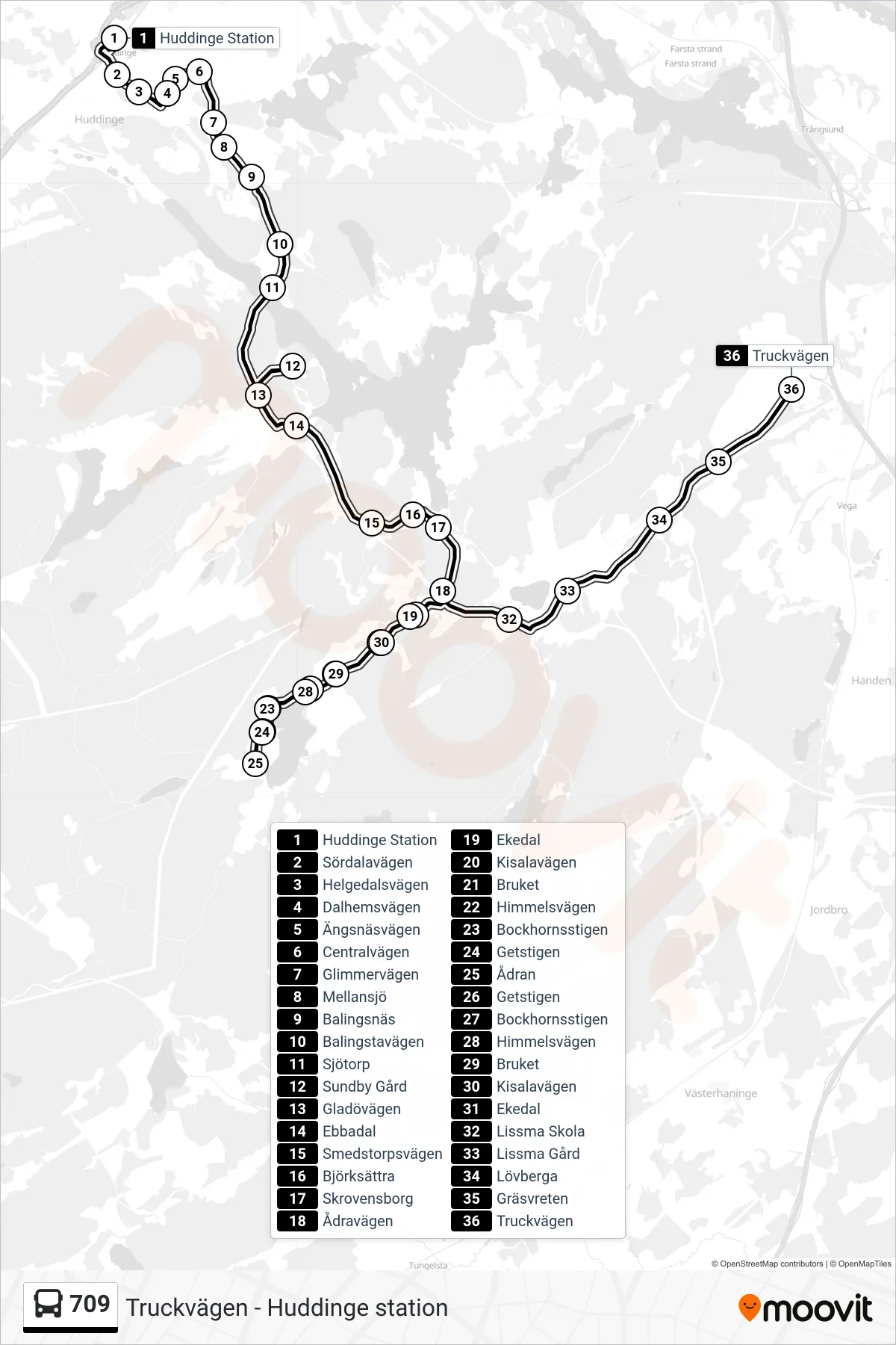 Rutt och hållplatser på karta för linje 709  buss, (Truckvägen)