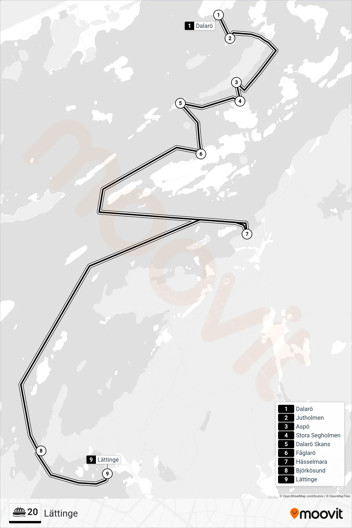 Rutt och hållplatser på karta för linje 20  färja, (Lättinge)