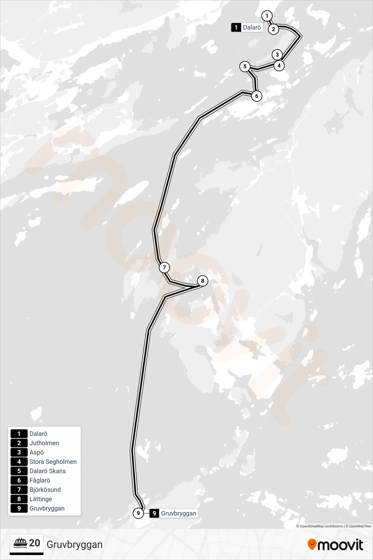 Rutt och hållplatser på karta för linje 20  färja, (Gruvbryggan)