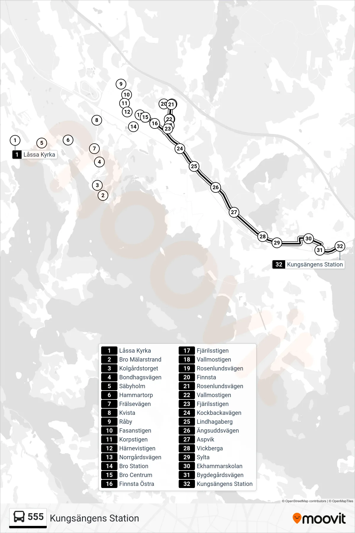 Rutt och hållplatser på karta för linje 555  buss, (Kungsängens Station)