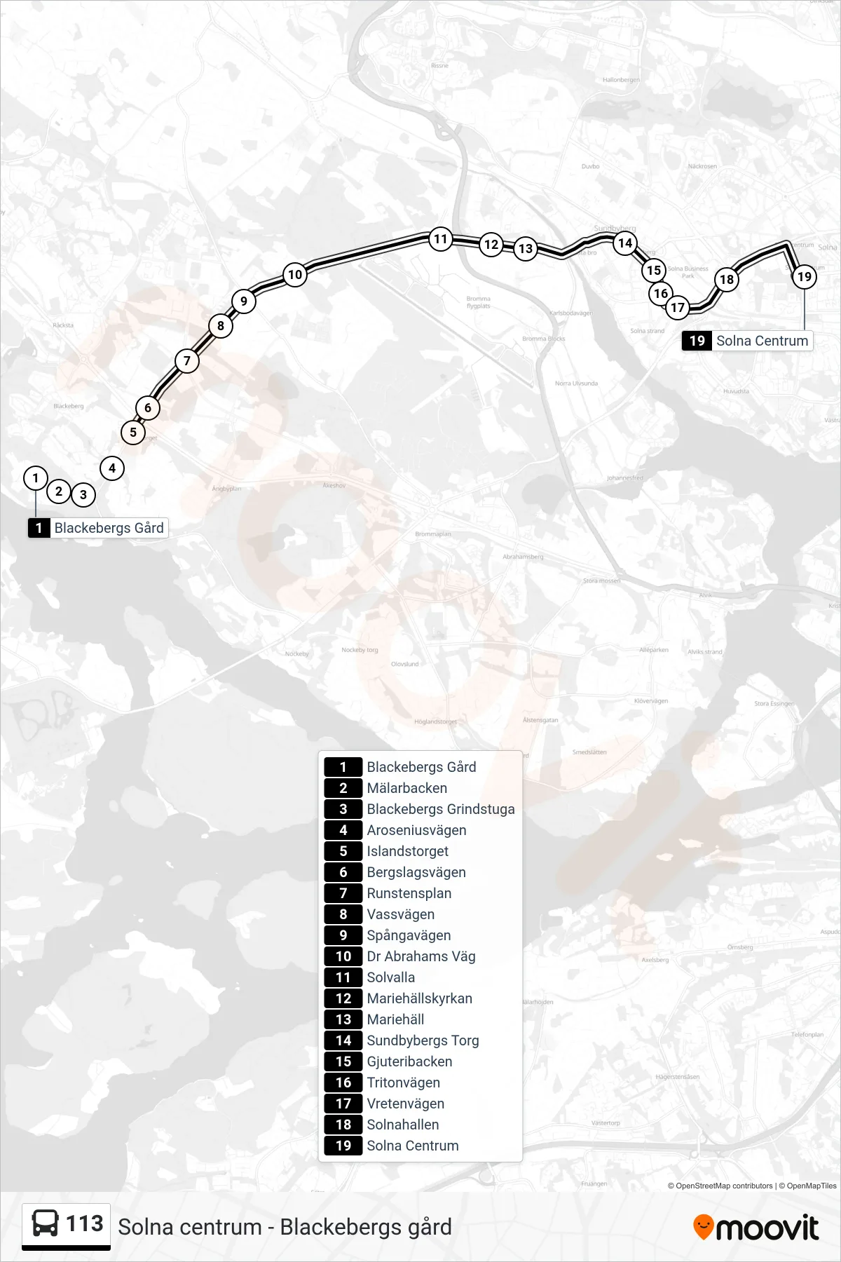 Rutt och hållplatser på karta för linje 113  buss, (Solna Centrum)