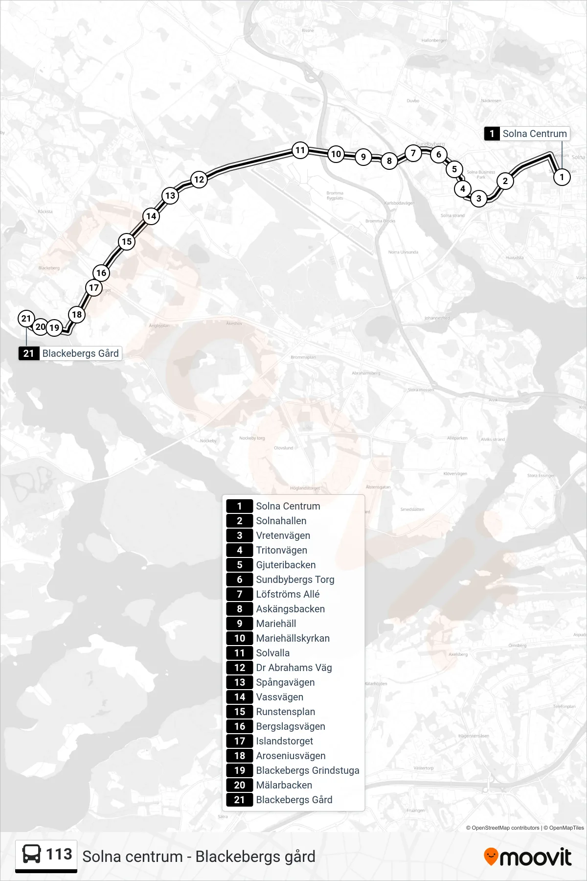 Rutt och hållplatser på karta för linje 113 buss, (Blackebergs Gård)