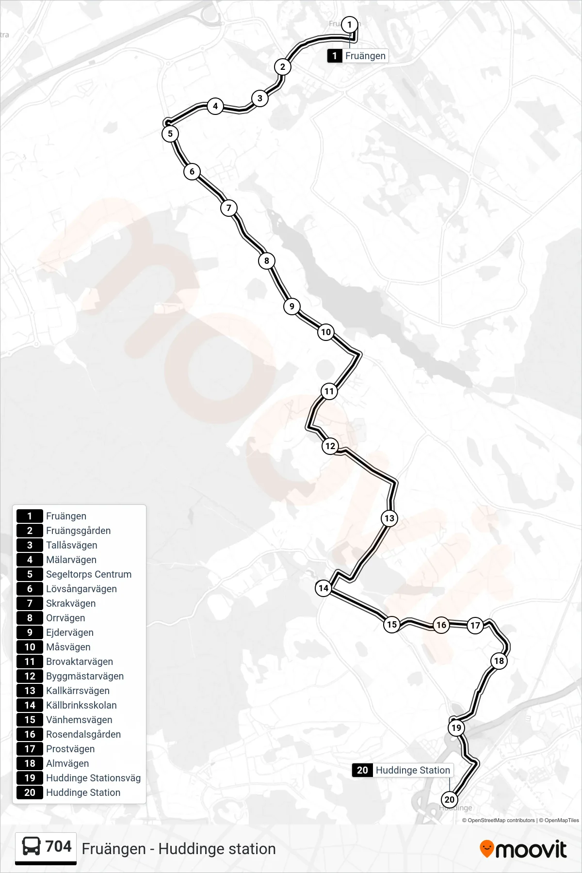 Rutt och hållplatser på karta för linje 704  buss, (Huddinge Station)
