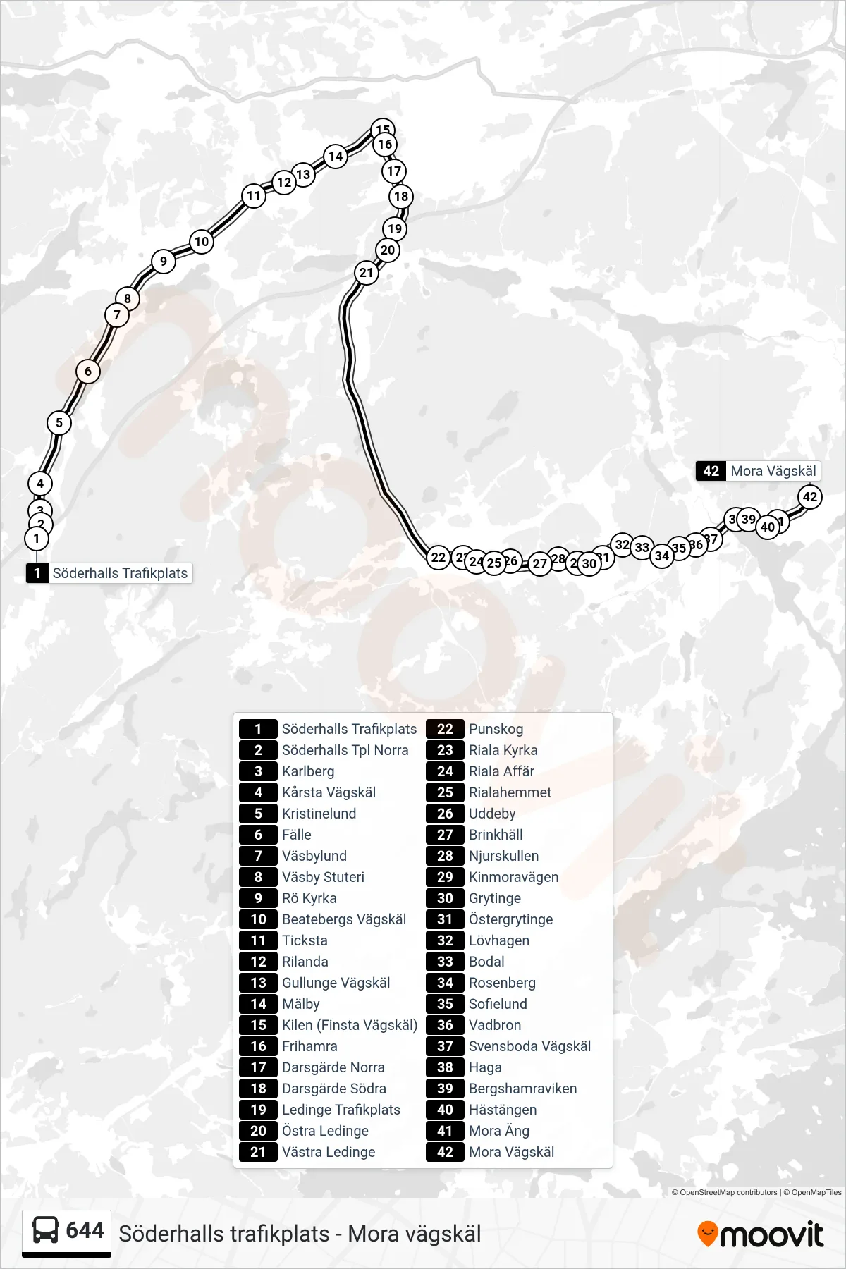 Rutt och hållplatser på karta för linje 644 buss, (Mora Vägskäl)