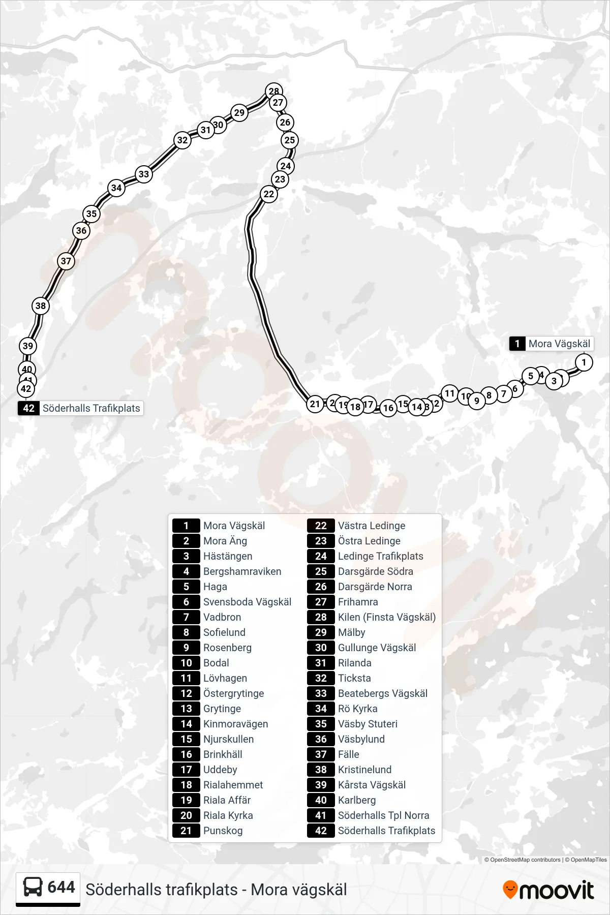 Rutt och hållplatser på karta för linje 644  buss, (Söderhalls Trafikplats)