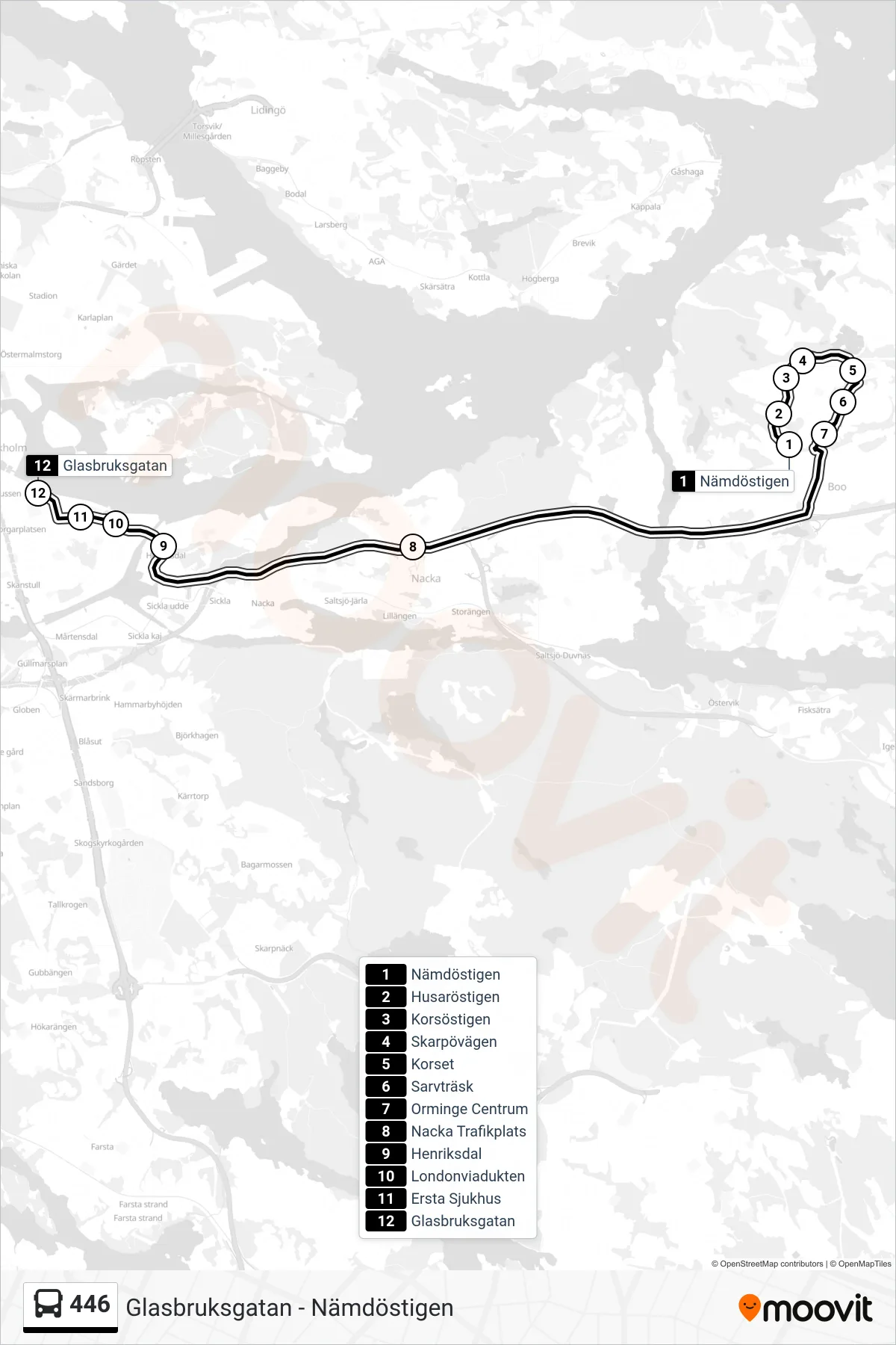 Rutt och hållplatser på karta för linje 446 buss, (Glasbruksgatan)