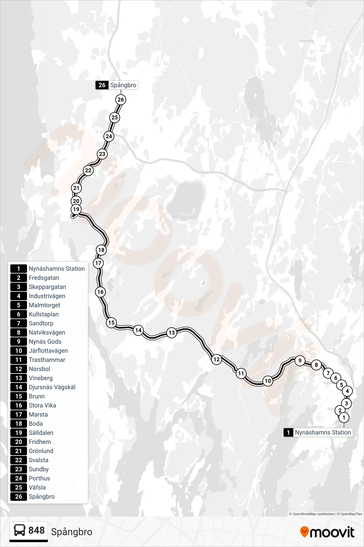 Rutt och hållplatser på karta för linje 848  buss, (Spångbro)