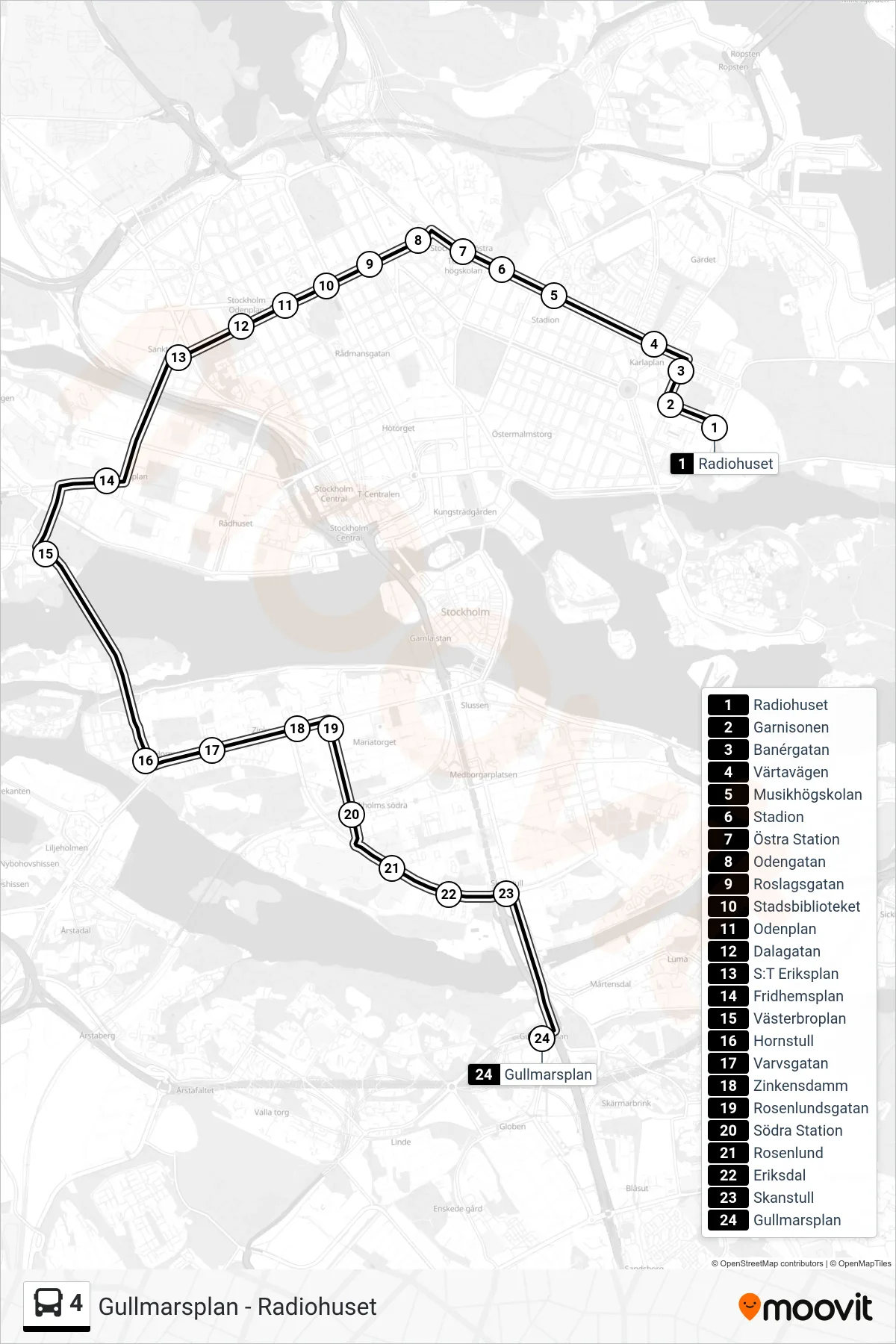 Rutt och hållplatser på karta för linje 4  buss, (Gullmarsplan)