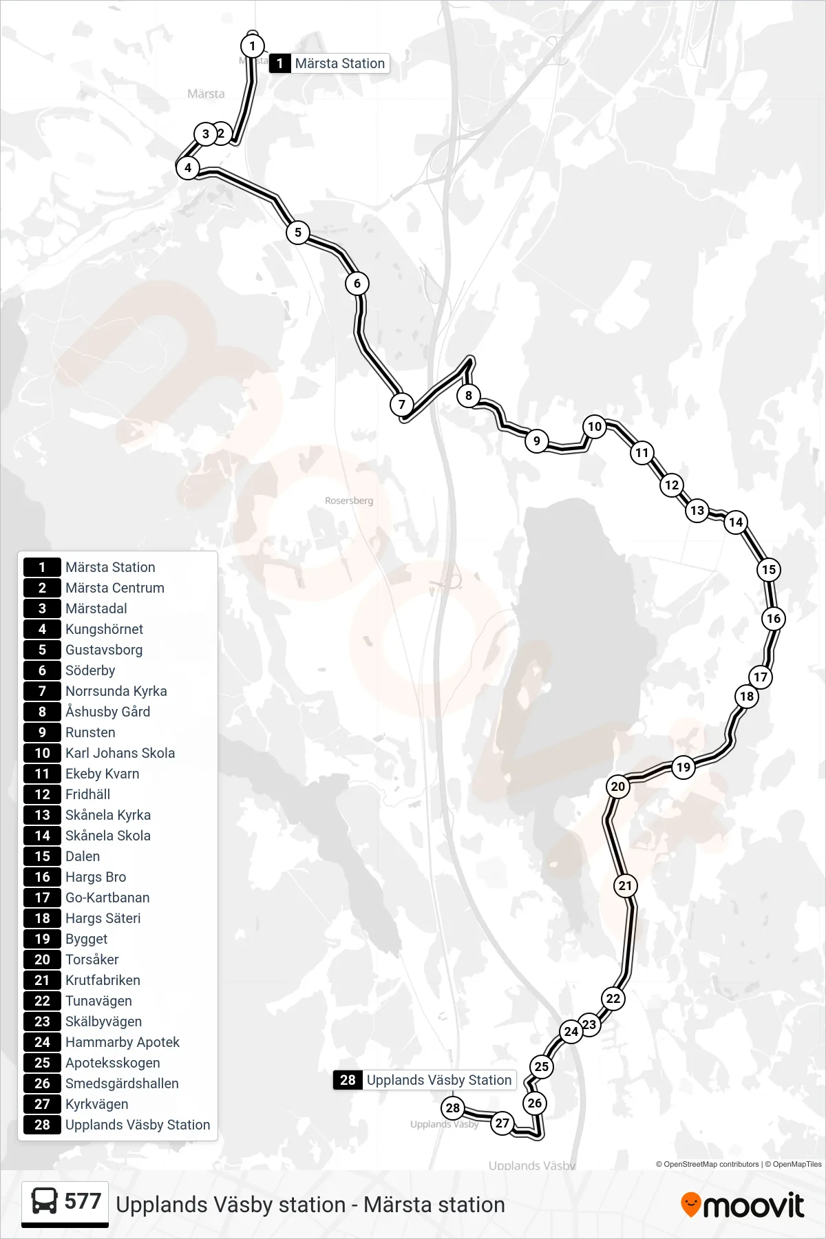 Rutt och hållplatser på karta för linje 577 buss, (Upplands Väsby Station)