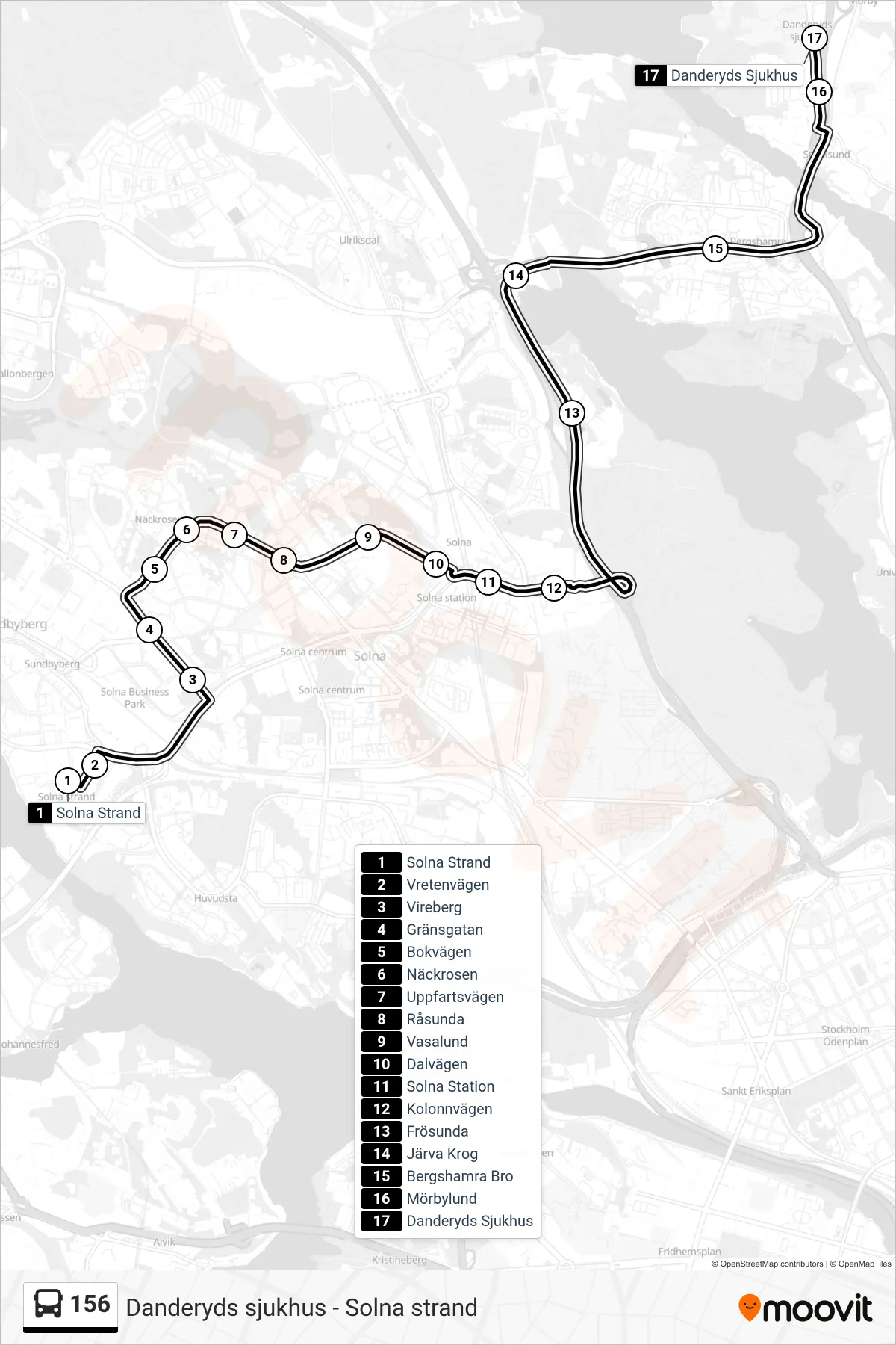 Rutt och hållplatser på karta för linje 156  buss, (Danderyds Sjukhus)