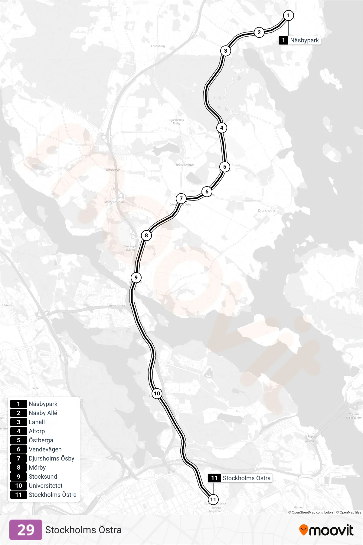 Rutt och hållplatser på karta för linje 29 spårväg, (Stockholms Östra)