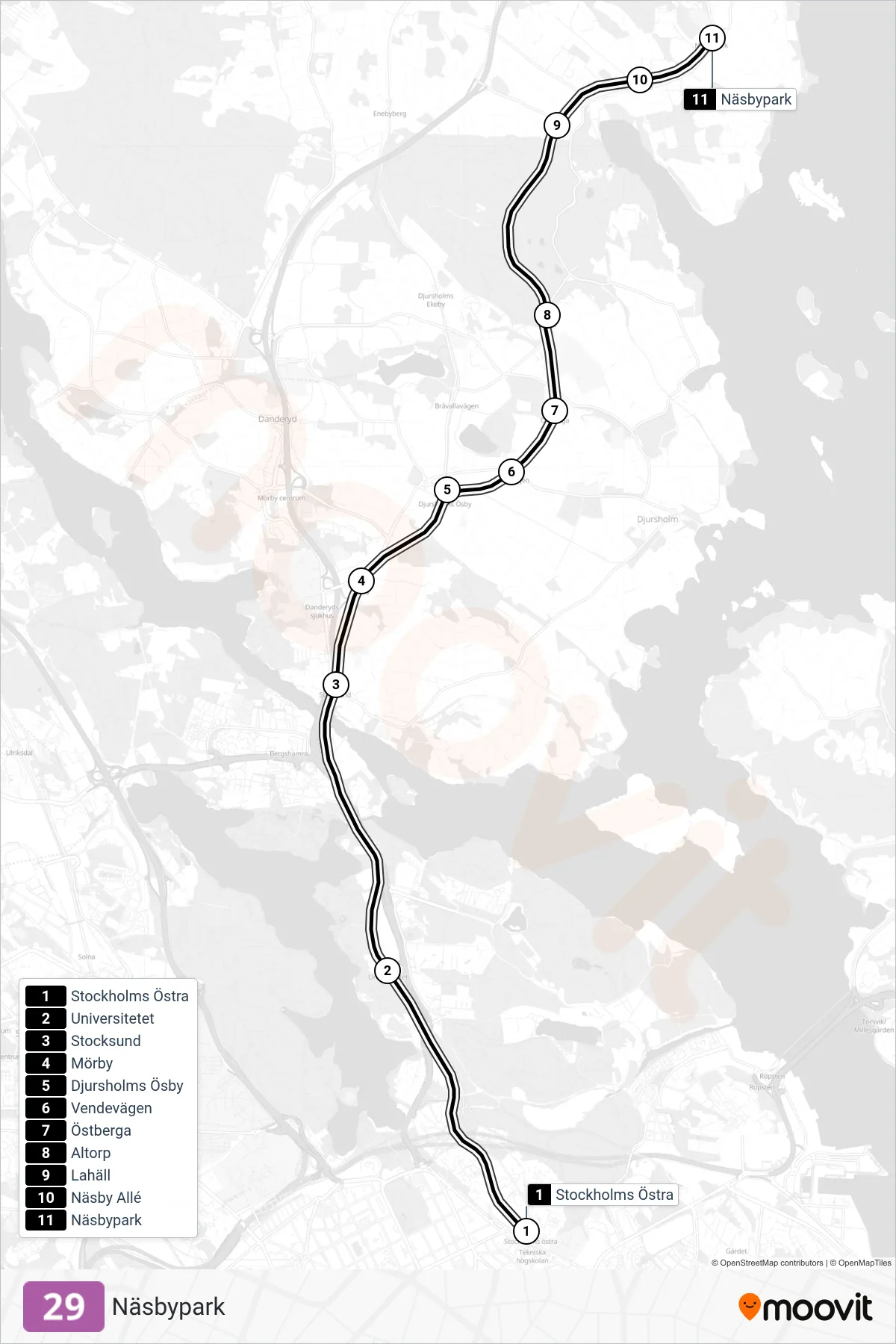 Rutt och hållplatser på karta för linje 29  spårväg, (Näsbypark)