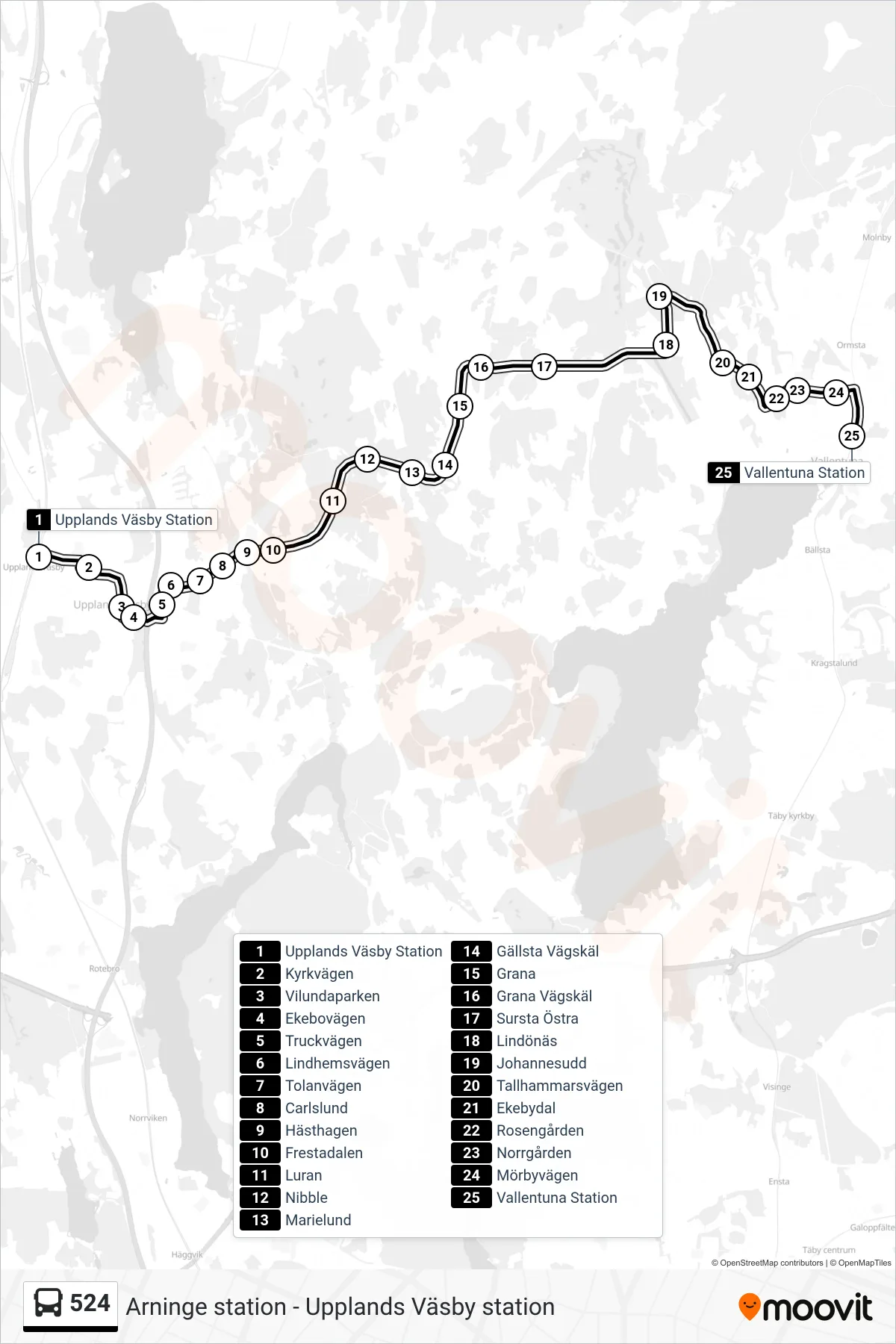 Rutt och hållplatser på karta för linje 524 buss, (Vallentuna Station)