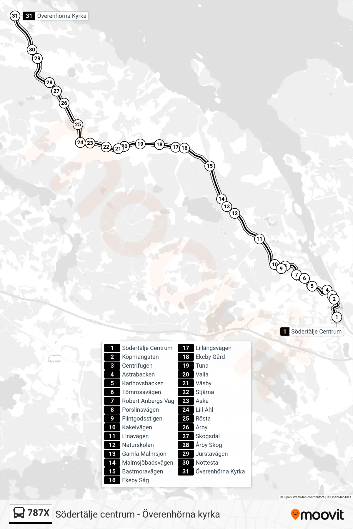 Rutt och hållplatser på karta för linje 787X buss, (Överenhörna Kyrka)