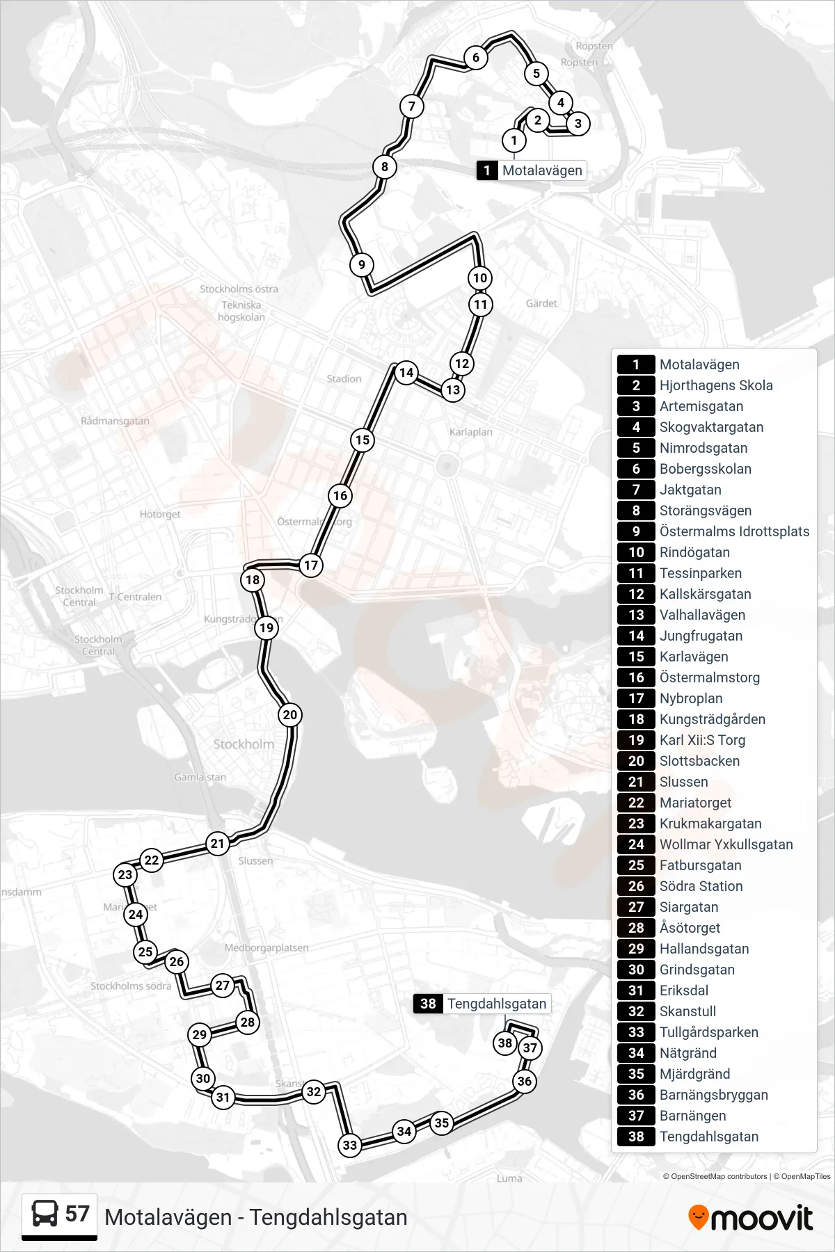 Rutt och hållplatser på karta för linje 57  buss, (Tengdahlsgatan)