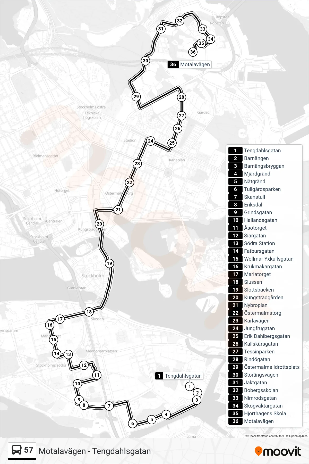 Rutt och hållplatser på karta för linje 57 buss, (Motalavägen)
