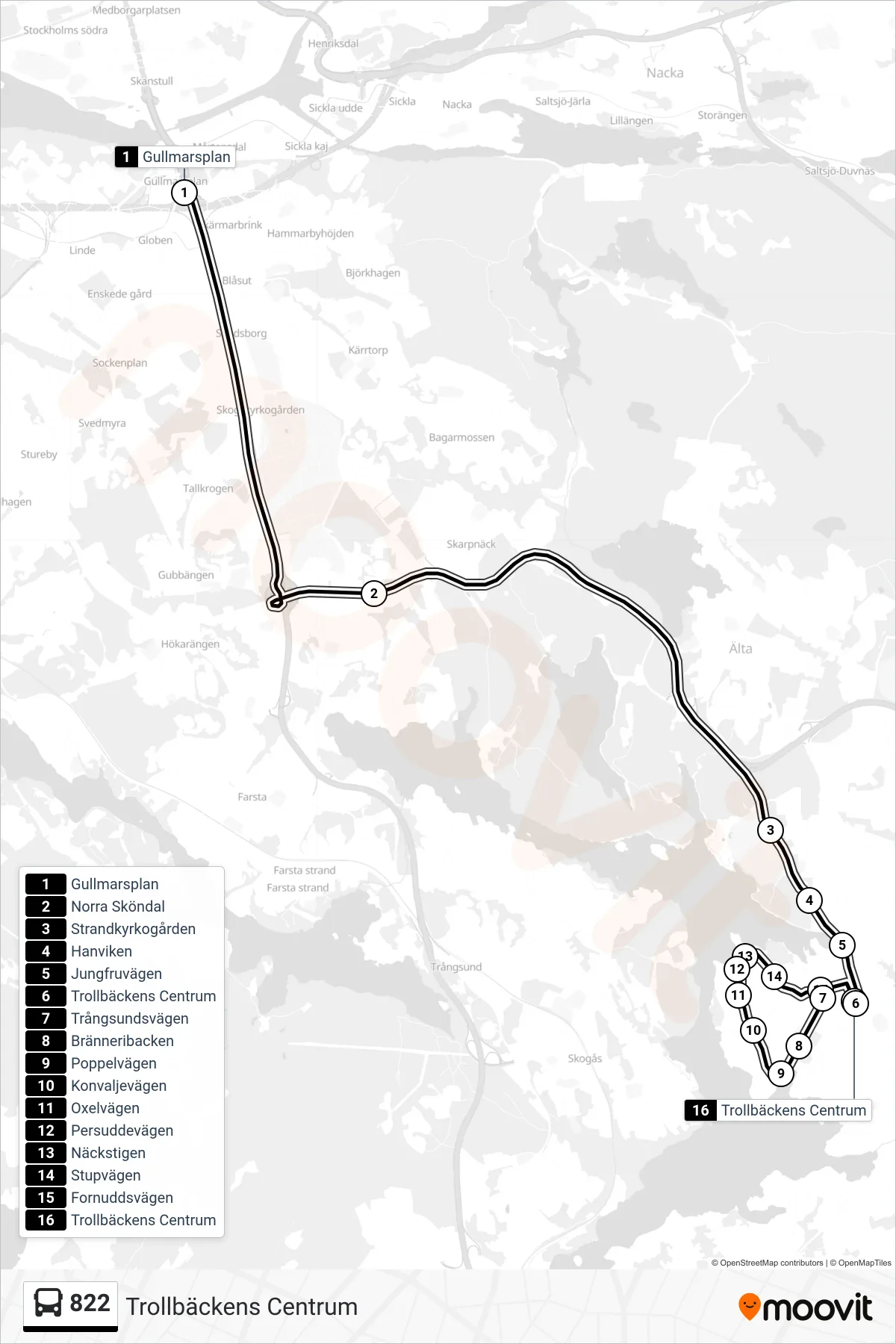 Rutt och hållplatser på karta för linje 822  buss, (Trollbäckens Centrum)